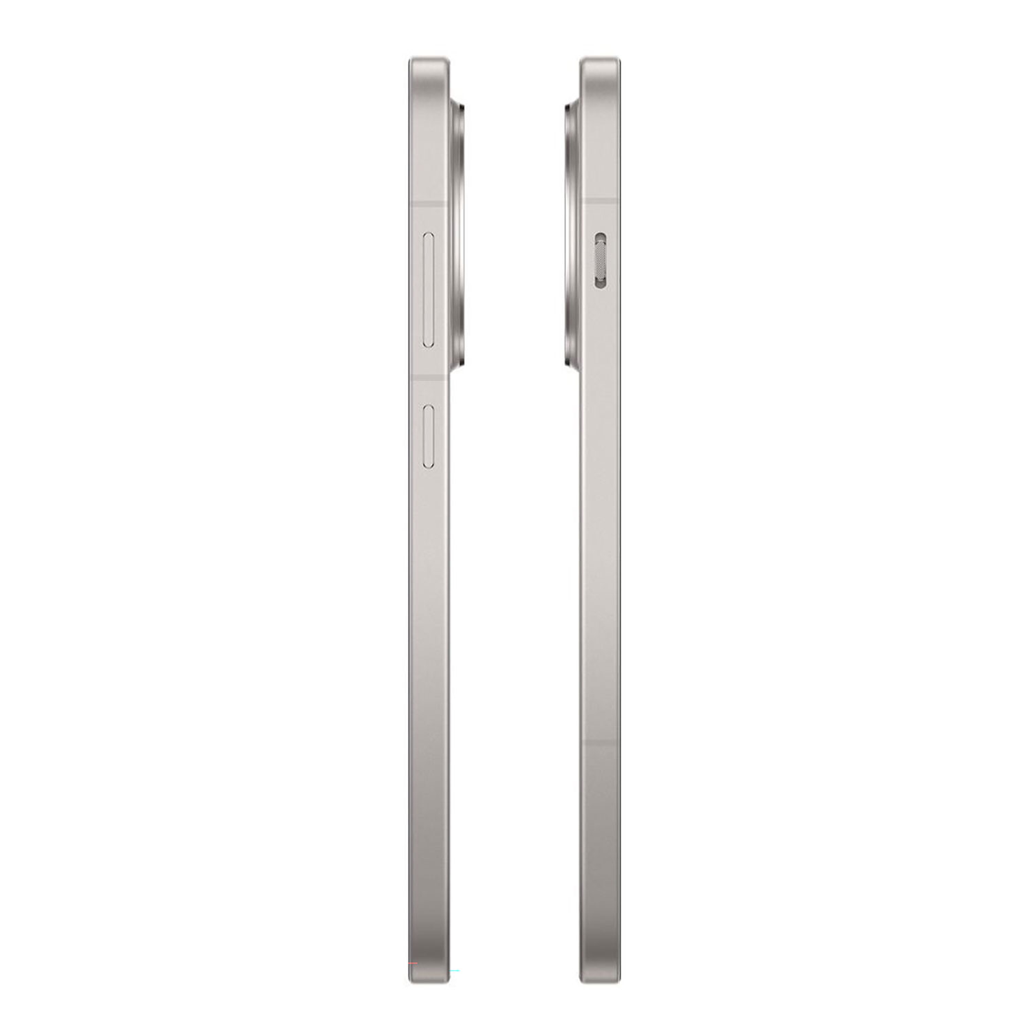 Dwa srebrne smartfony, widok z boku, pokazujące krawędzie z przyciskami i obiektywami kamery. Białe tło.