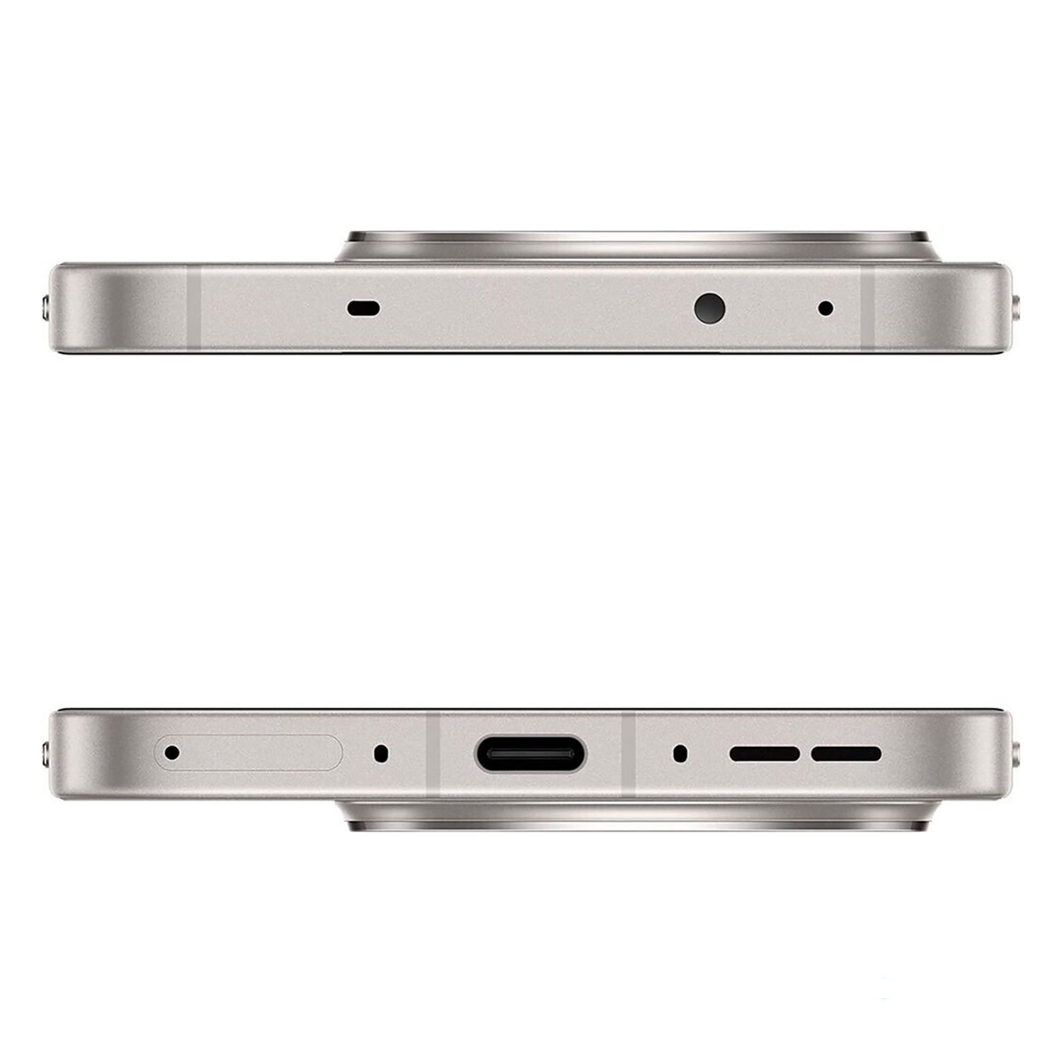 Dwa widoki srebrnego smartfona. Góra: wypukłość aparatu z otworami. Dół: port USB i otwory głośników.