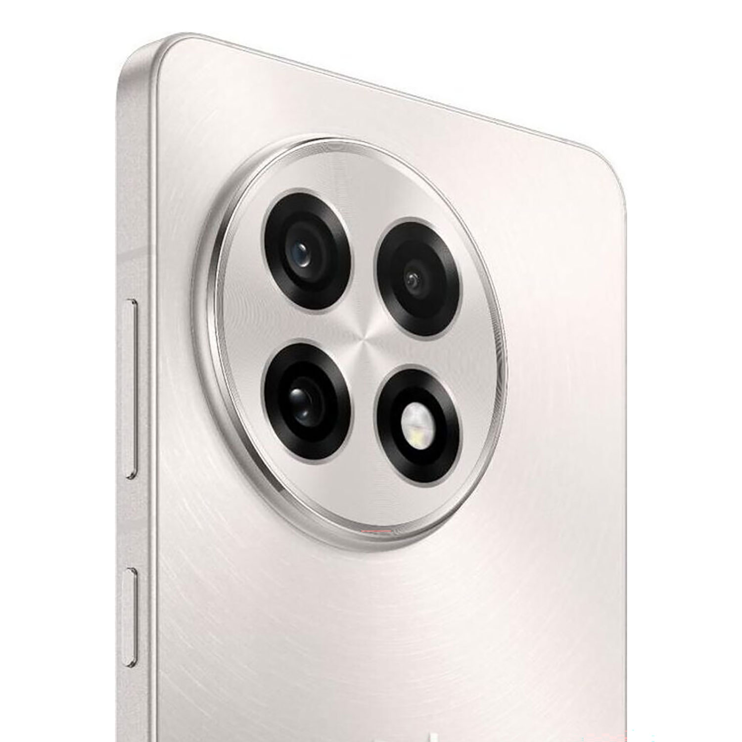 Zbliżenie tyłu smartfona. Posiada aparat z czterema obiektywami w okrągłym układzie i srebrnym kolorze.