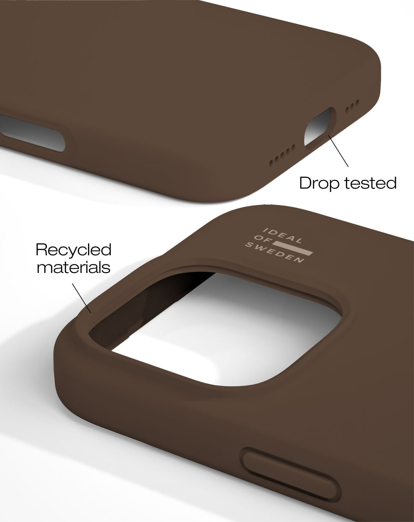 Braune Handyhülle, Teile gezeigt. Text sagt 'Recycled materials' und 'Drop tested'. Die Marke 'Ideal of Sweden' ist sichtbar.