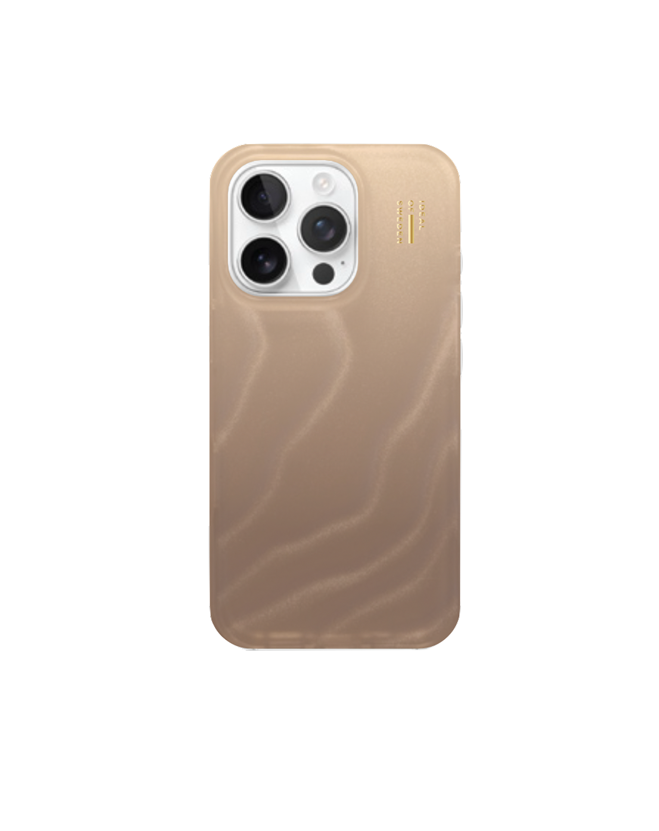 Eine beige Telefonhülle mit Wellenmuster wird gezeigt. Es hat eine Kamerahöcker mit drei Linsen und einem Blitz.