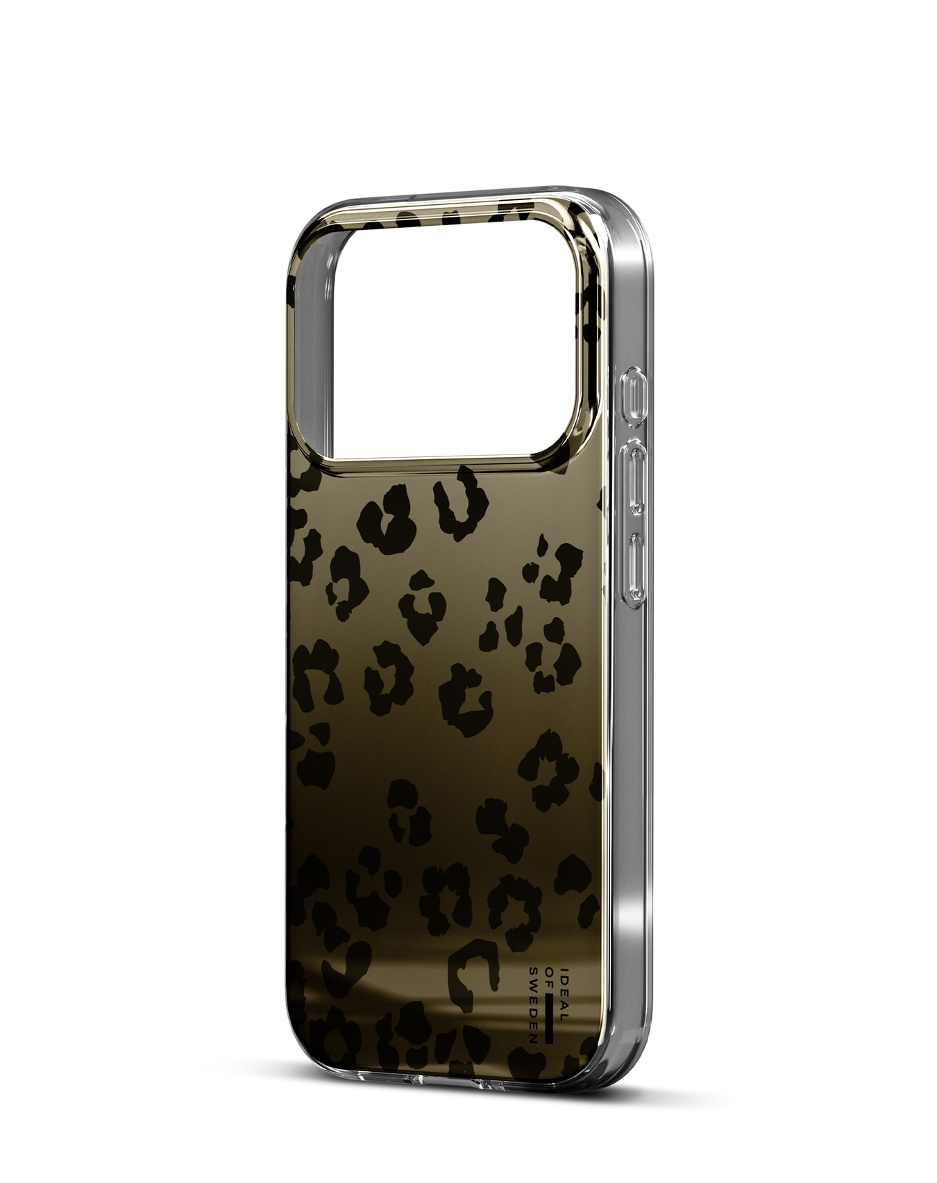 Eine Handyhülle mit Leopardenmuster. Die Hülle ist gold-schwarz, mit einem transparenten Rand.