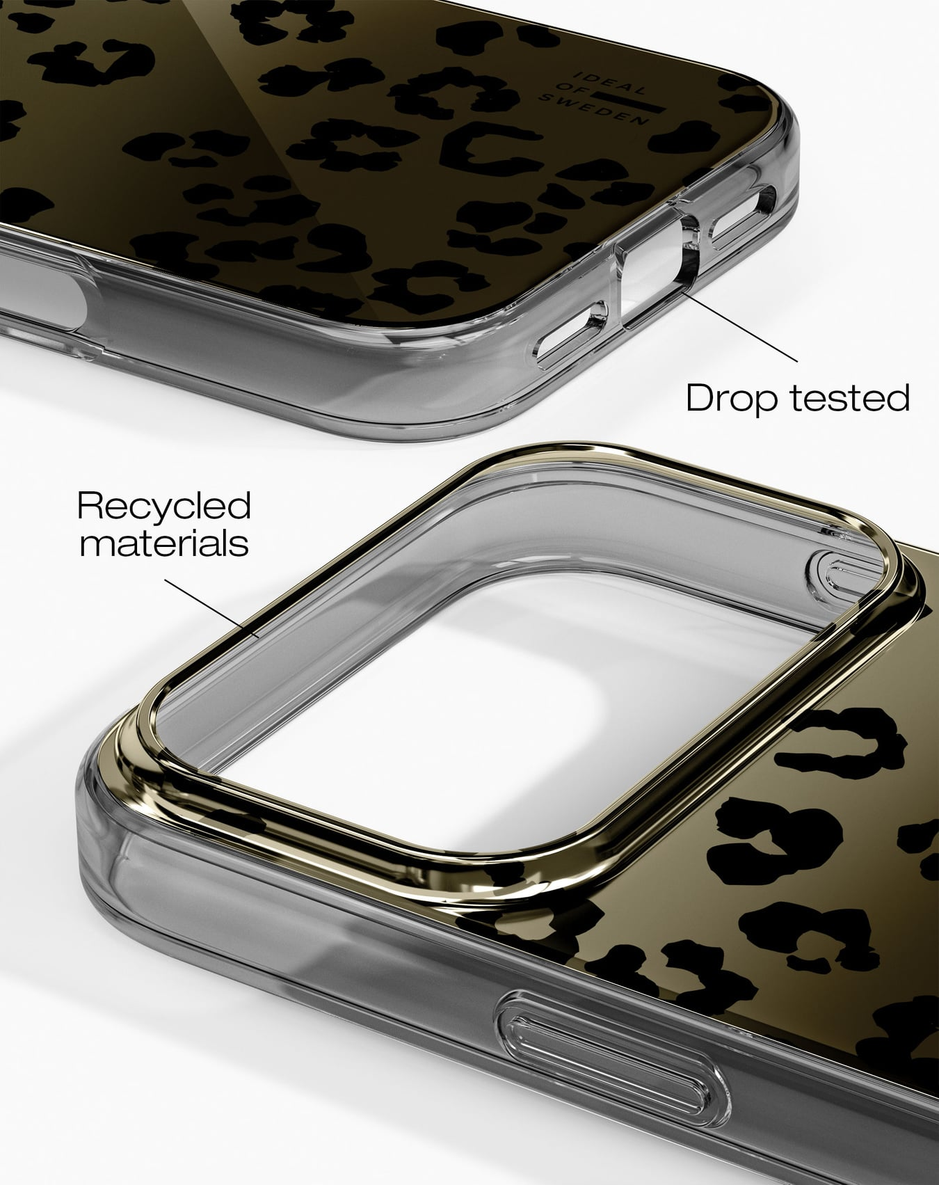 Nahaufnahme einer Handyhülle mit Leopardenmuster auf transparentem Hintergrund, Aufschriften: 'Recycled materials' und 'Drop tested'.