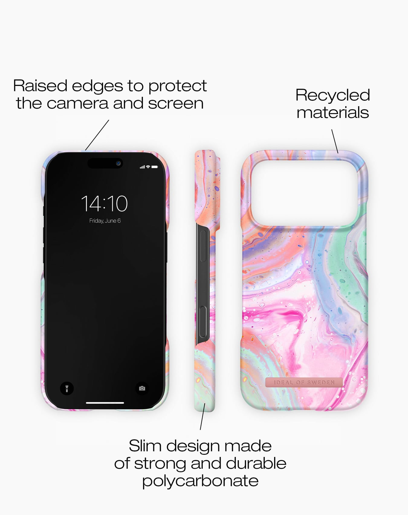 Ein iPhone mit einer bunten Hülle, die die Uhrzeit anzeigt. Die Hülle hat erhöhte Kanten und besteht aus recycelten Materialien und Polycarbonat.