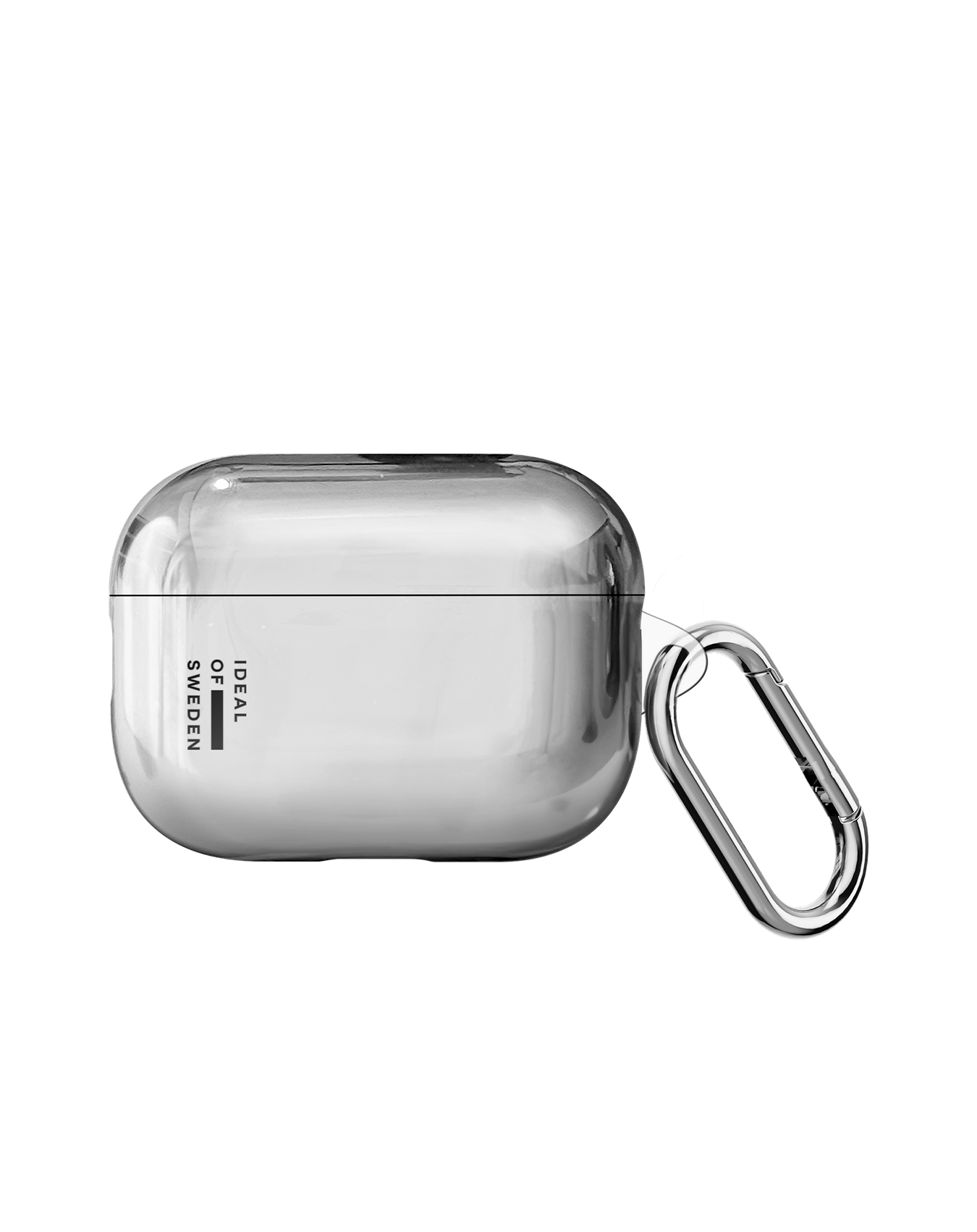 Eine glänzende silberne AirPods-Hülle mit Karabinerhaken. Das Logo von Ideal of Sweden befindet sich auf der Seite.