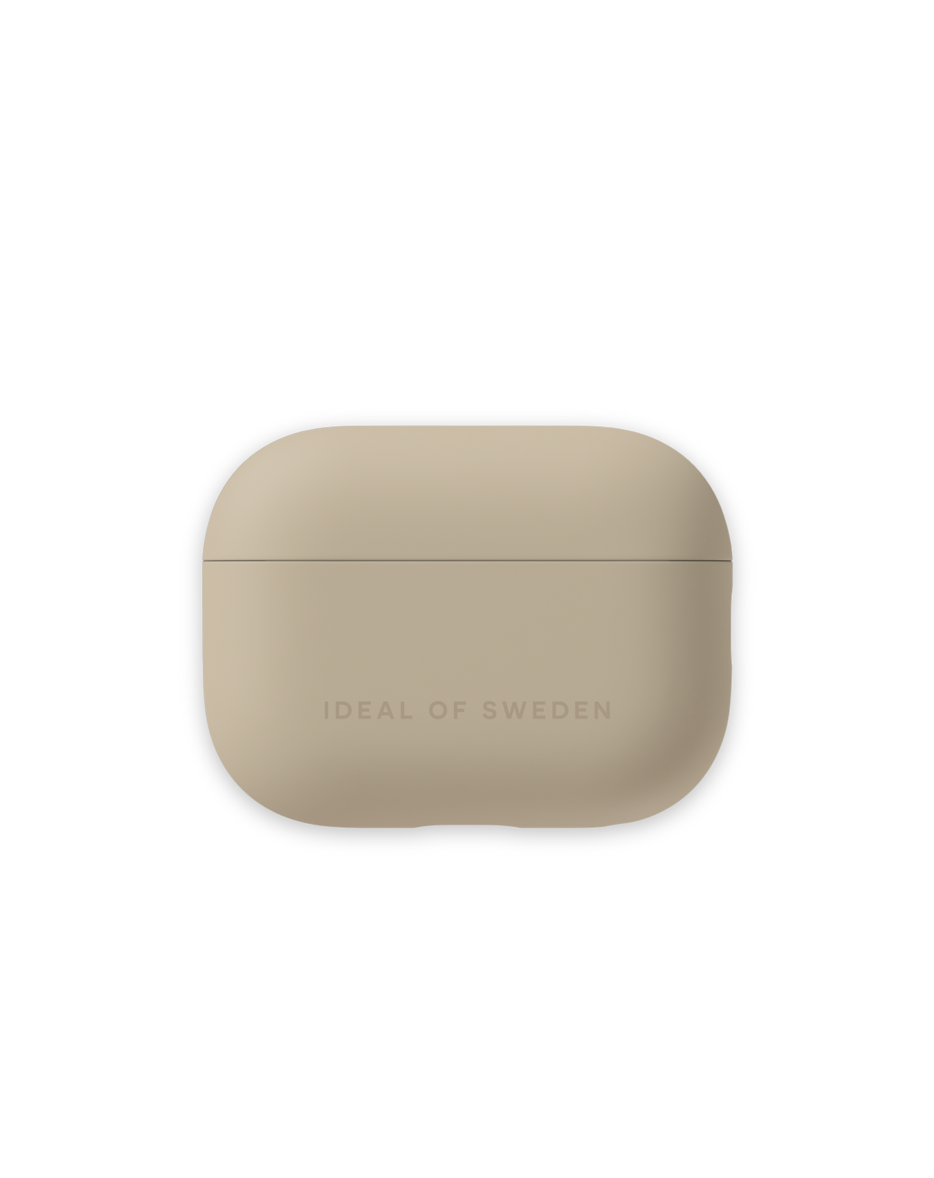 Eine beige AirPods-Hülle mit dem Text 'IDEAL OF SWEDEN' auf schwarzem Hintergrund.