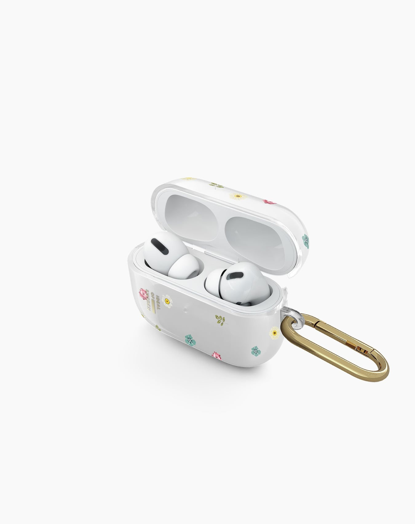 Weiße AirPods Pro Hülle mit Blumenmuster, geöffnet, mit zwei weißen Ohrhörern, goldener Verschluss an der Seite.