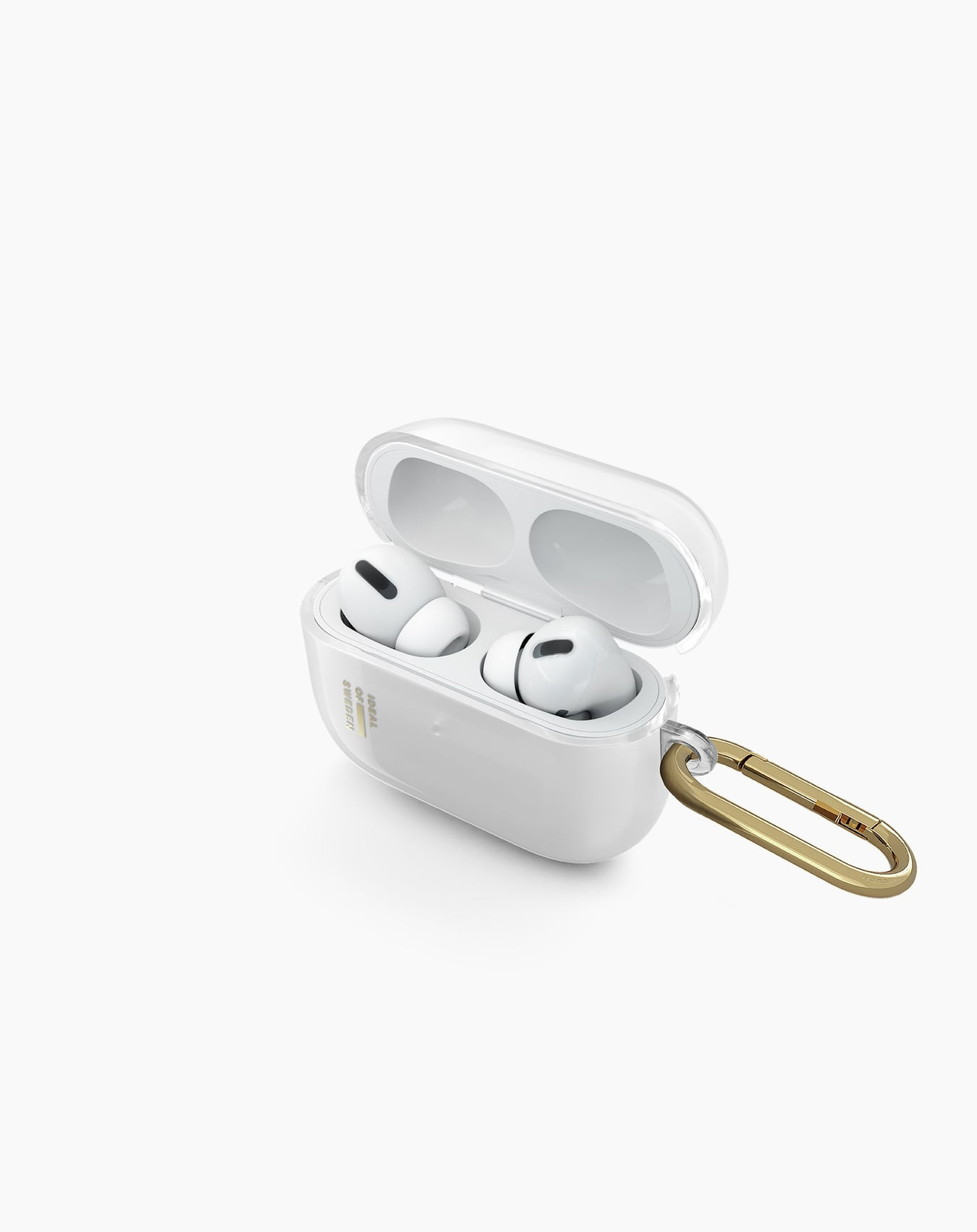 Weiße AirPods Pro in einem weißen Etui mit durchsichtigem Deckel, goldfarbener Verschluss. Das Etui ist offen.
