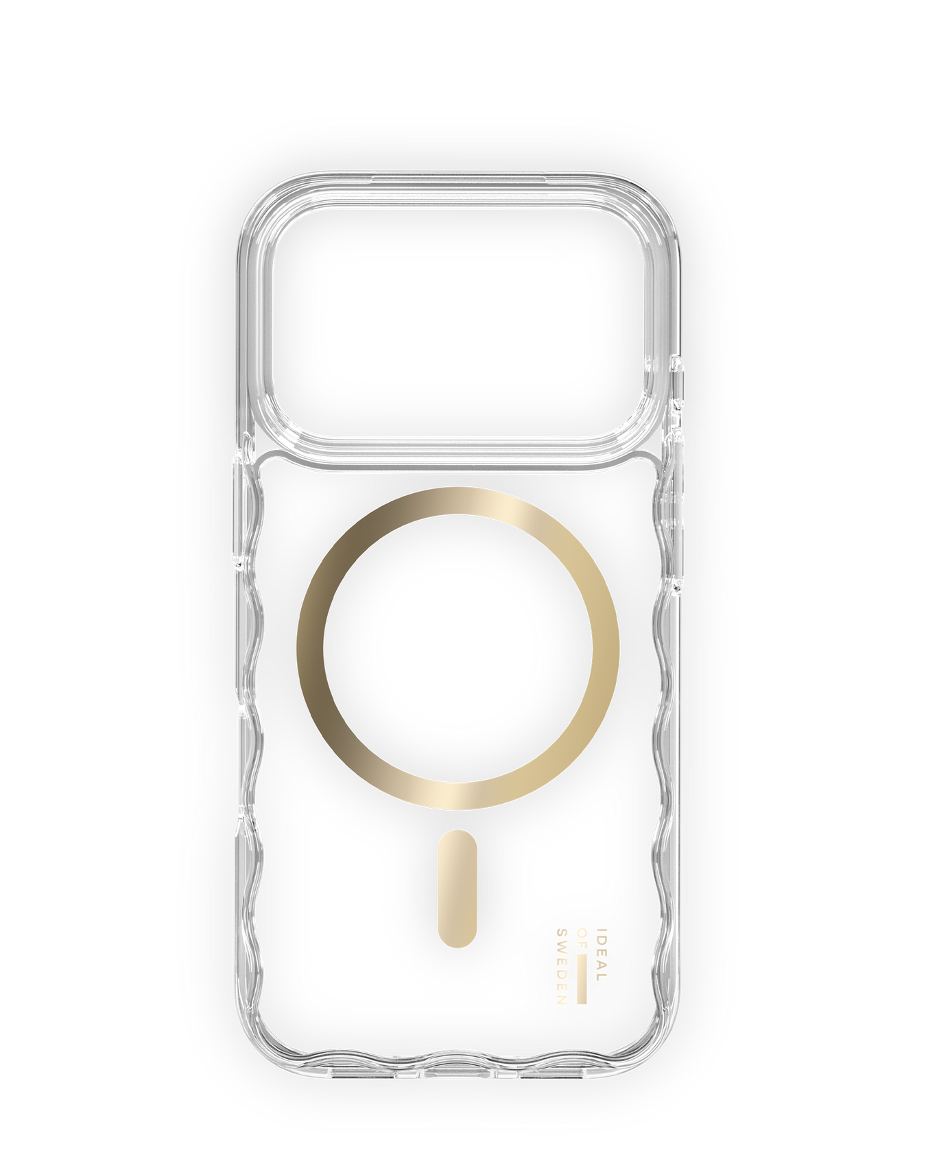 Eine transparente Handyhülle mit einem goldenen Kreis- und Balkendesign auf schwarzem Hintergrund. Die Hülle hat wellenförmige Kanten.