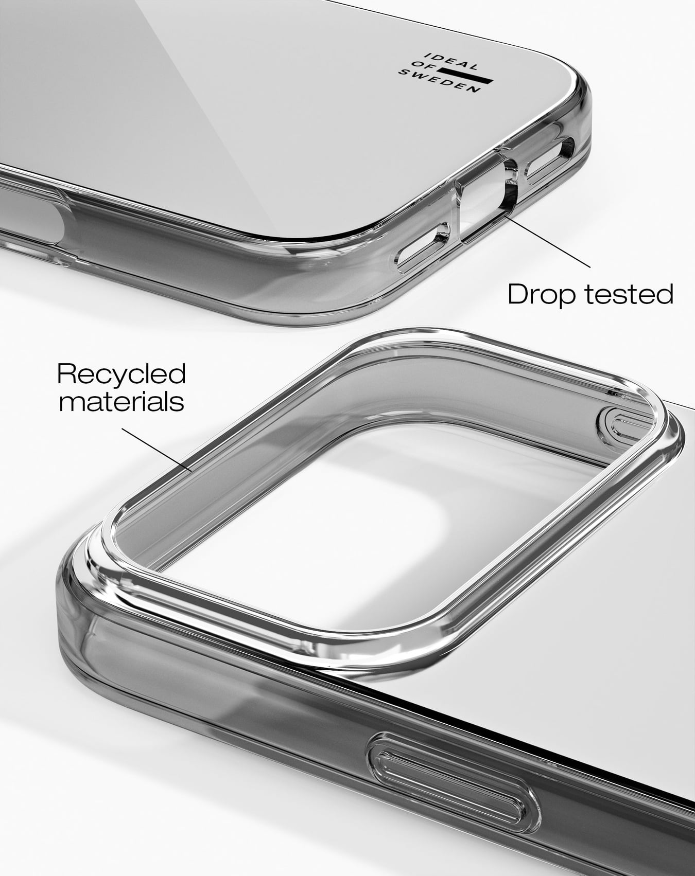 Transparente Handyhülle mit Text 'IDEAL OF SWEDEN' und den Labels 'Recycled materials' und 'Drop tested'. Glänzende Oberfläche.