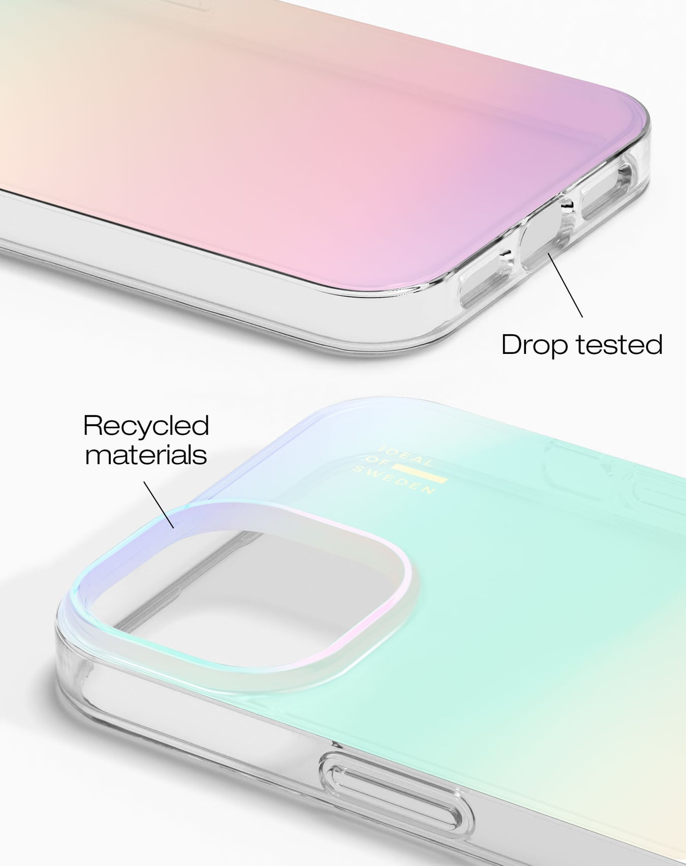 Transparente Handyhülle mit Farbverlauf und Aufschriften für 'Sturzsicher' und 'recycelte Materialien'.