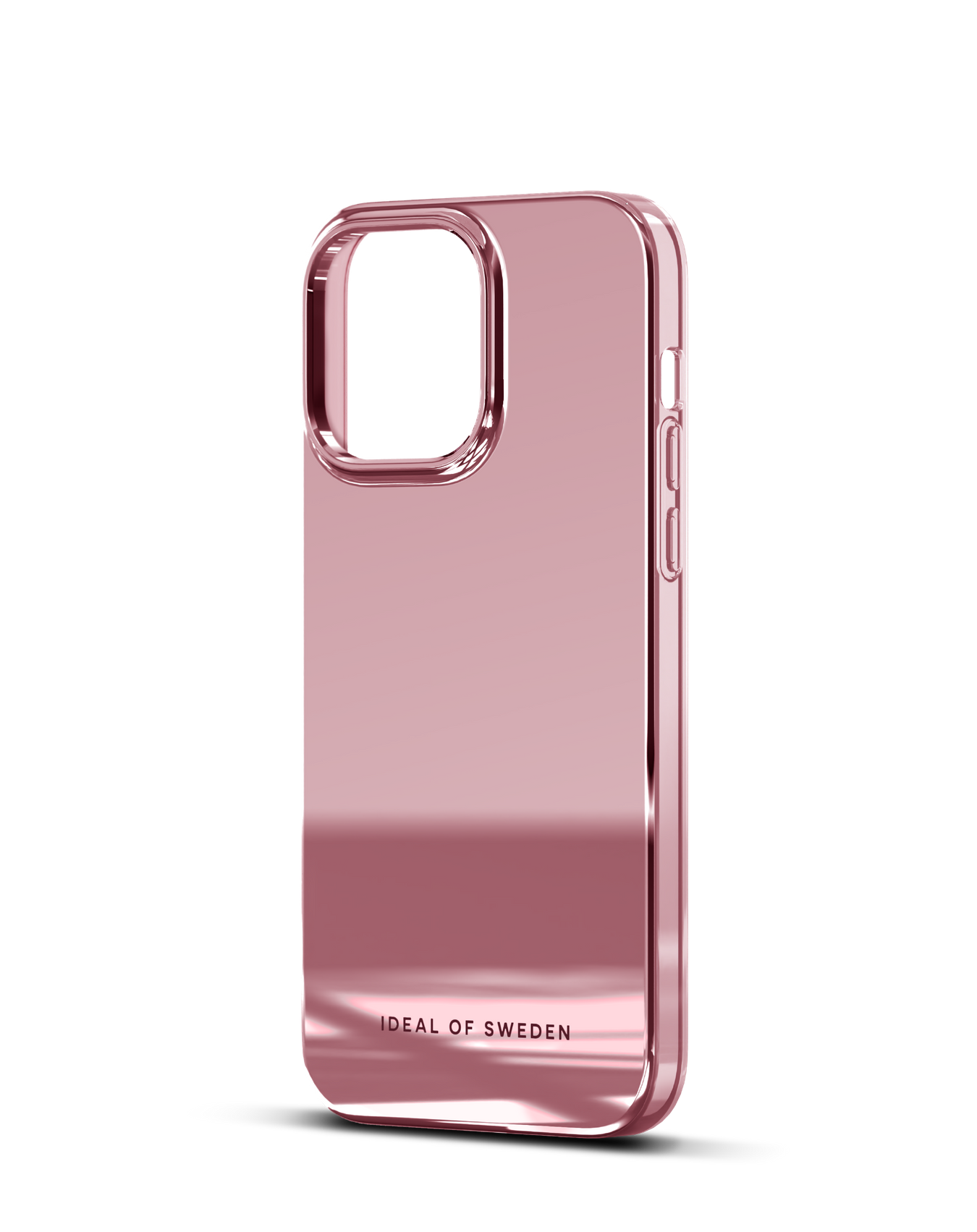 Eine roségoldene Handyhülle mit reflektierender Oberfläche. Die Hülle hat einen Kameraausschnitt und den Markennamen 'IDEAL OF SWEDEN'.