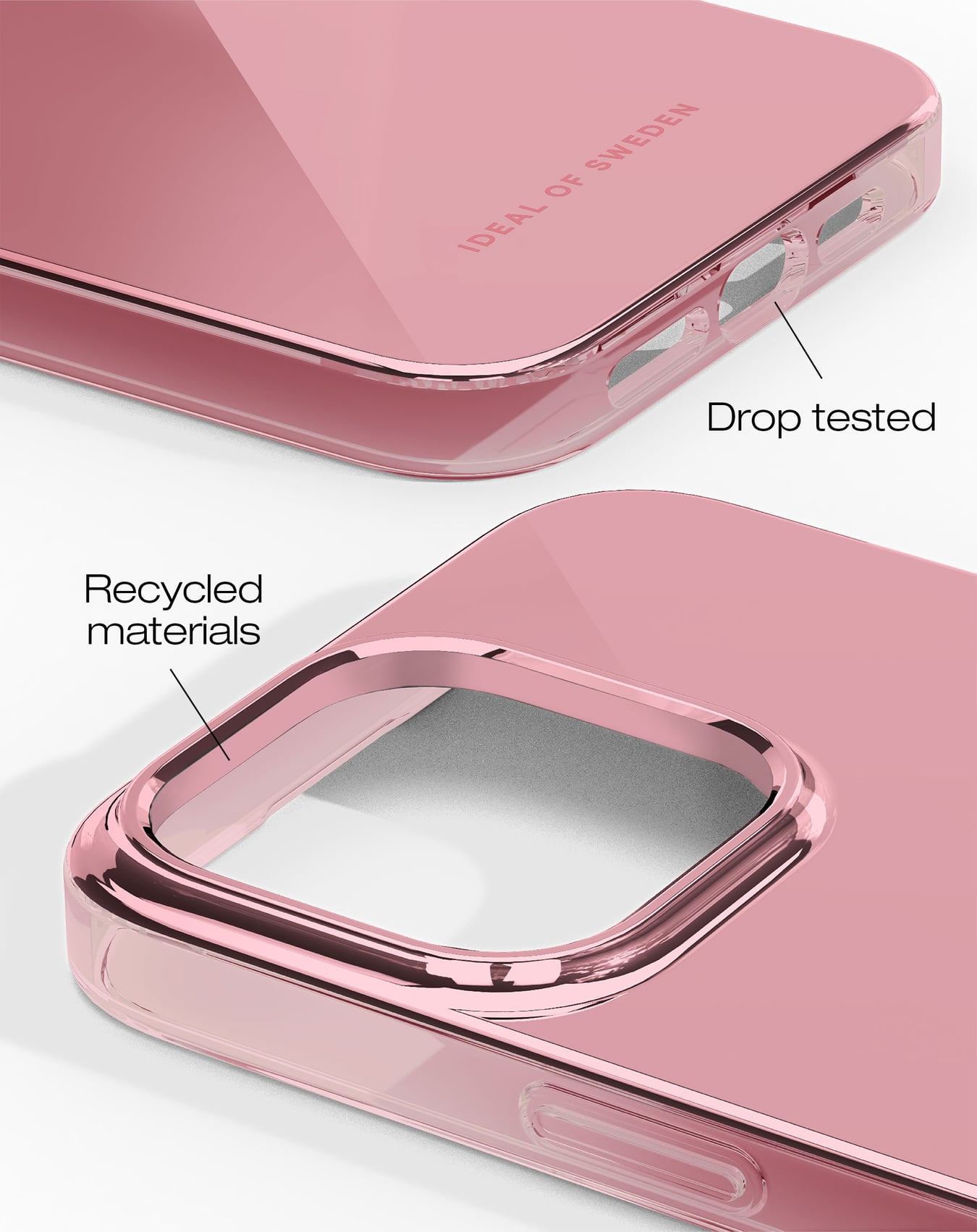 Nahaufnahme einer rosa Handyhülle. Text zeigt, dass sie sturzgetestet ist und aus recycelten Materialien besteht. Marke: Ideal of Sweden.