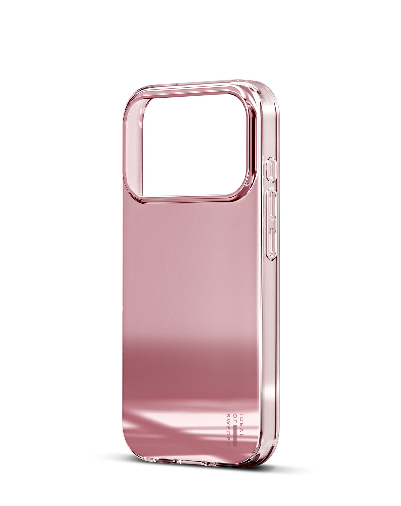 Eine roségoldene iPhone-Hülle. Sie ist glänzend und an den Rändern transparent. Die Hülle hat das Logo von Ideal of Sweden.