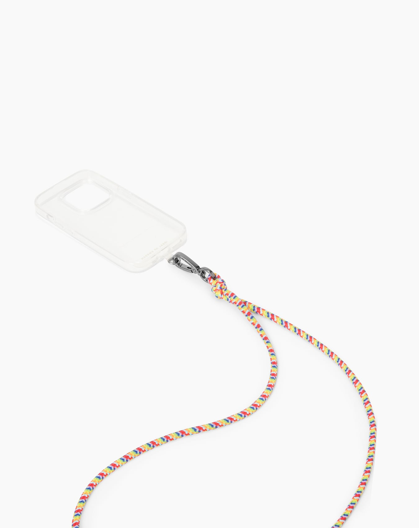 Eine transparente Handyhülle mit einem Regenbogen-Lanyard. Das Lanyard besteht aus buntem geflochtenem Seil. Weißer Hintergrund.