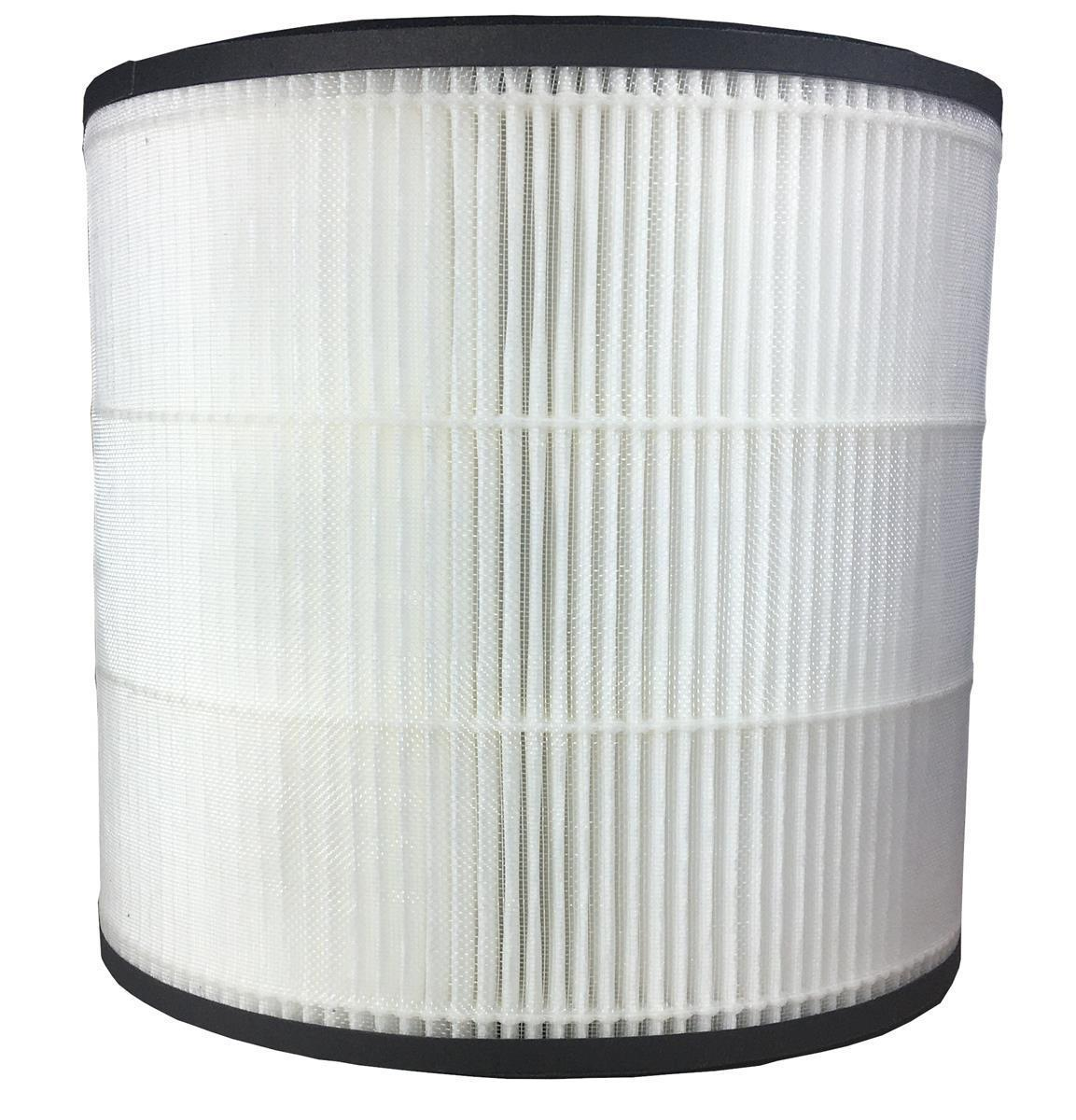 Ein zylindrischer Luftfilter mit weißem, plissiertem Kern und schwarzen Rändern. Der Filter soll Partikel auffangen.
