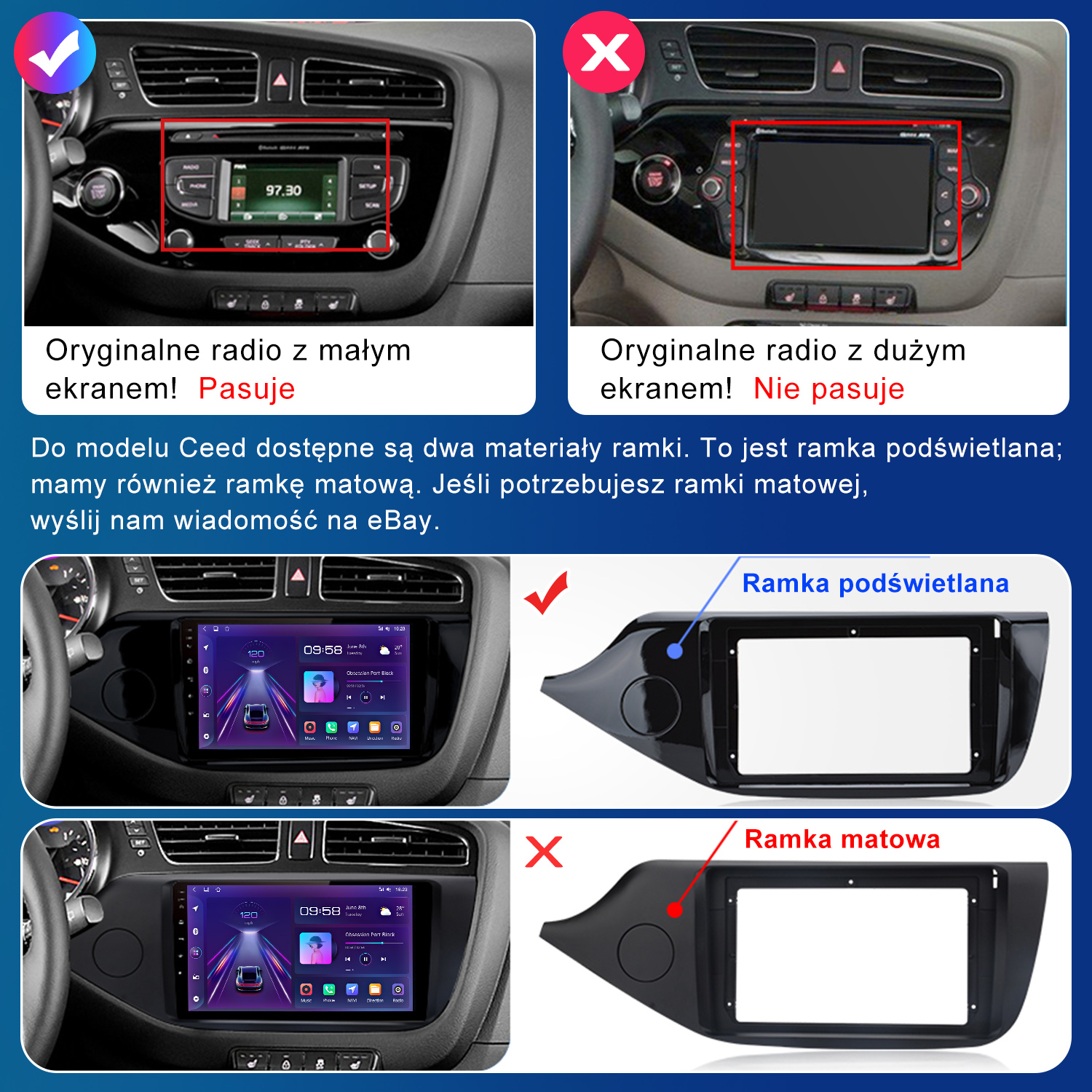 Obraz przedstawia deskę rozdzielczą samochodu z opcjami radia. U góry po lewej mały ekran, u góry po prawej duży ekran. Na dole opcje ramki.