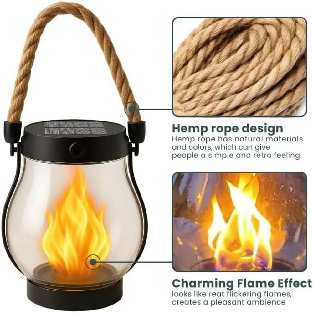Eine dekorative Laterne mit Hanfseilgriff. Sie hat ein Glasgehäuse mit Flammeneffekt im Inneren und einen schwarzen Deckel.