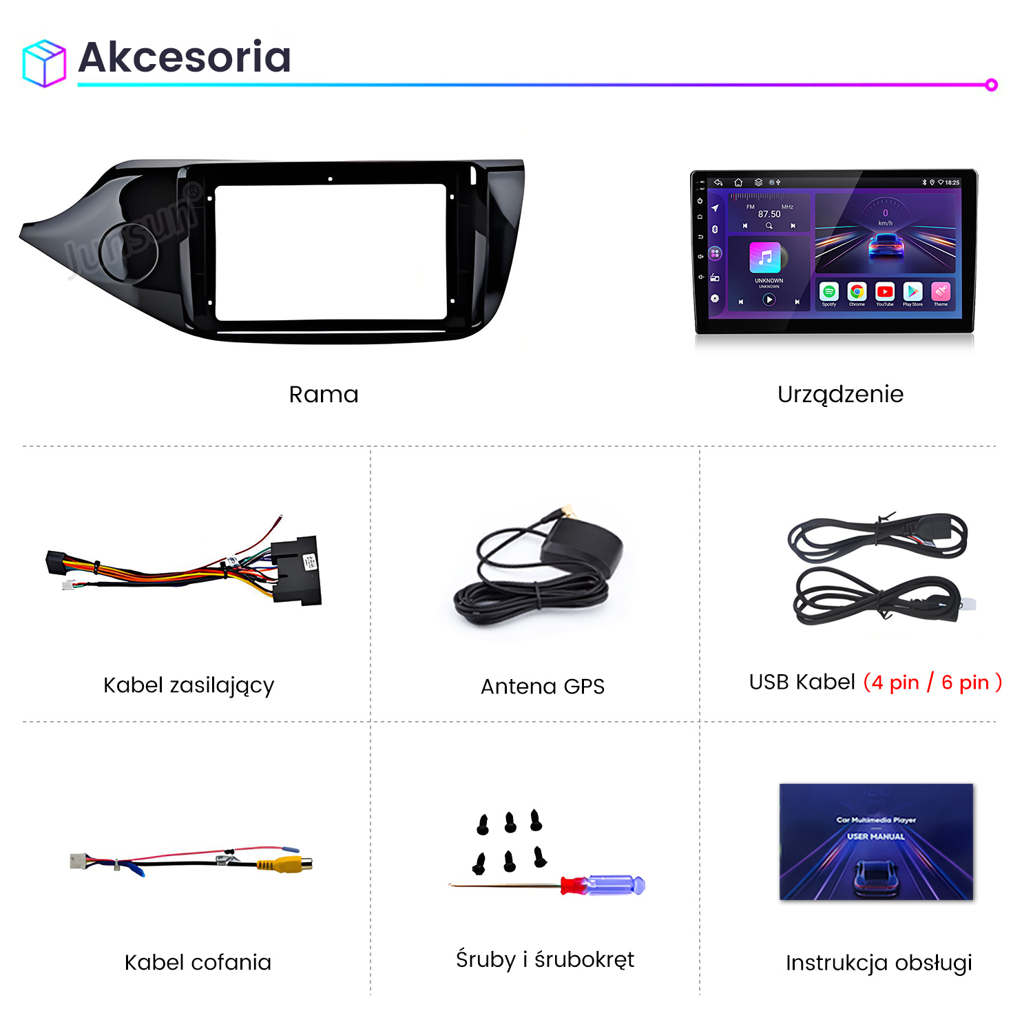 Akcesoria samochodowe z ramą, urządzeniem, kablami, anteną GPS, śrubami i instrukcją obsługi.