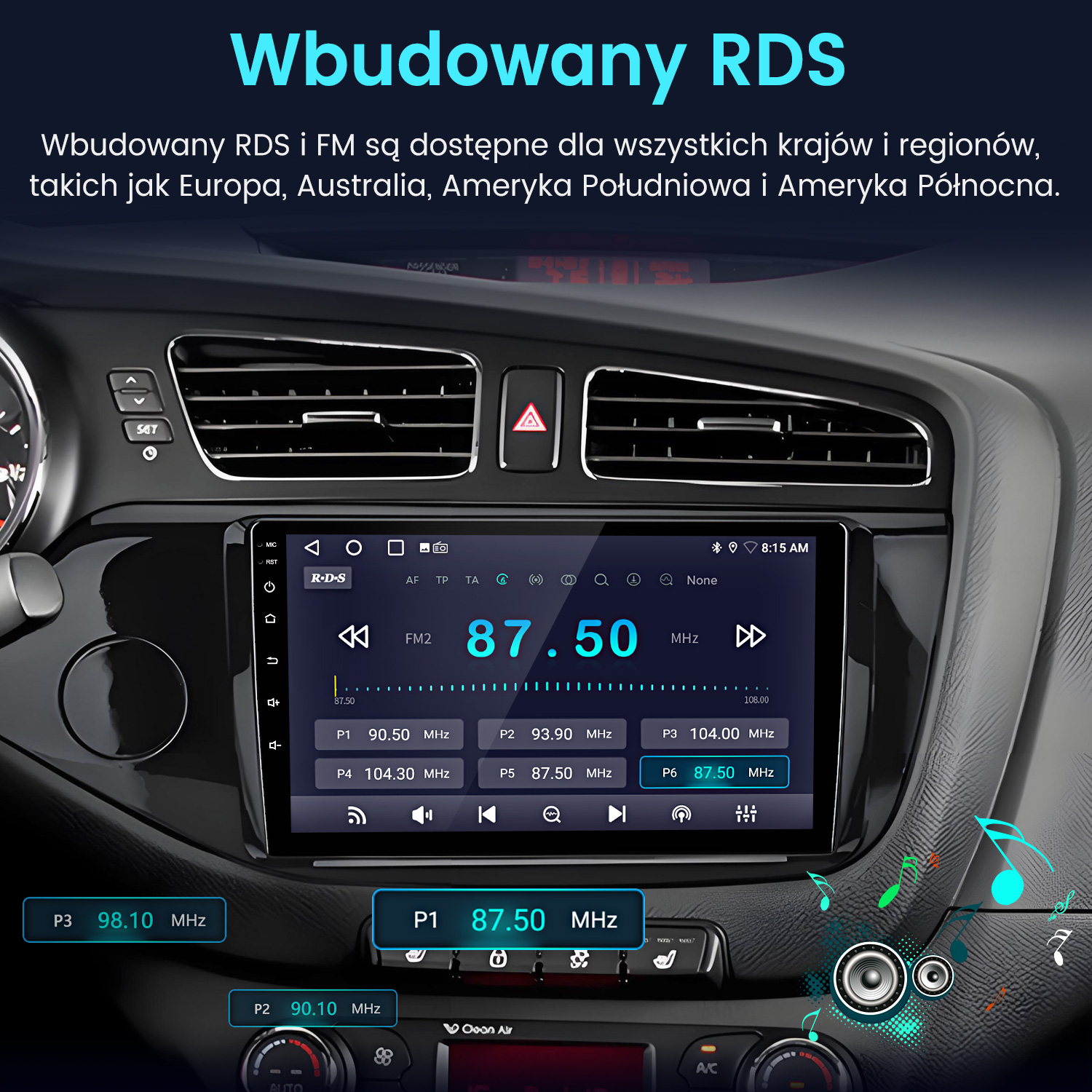 Ekran radia samochodowego wyświetlający 87.50 MHz FM. Widok wnętrza z przyciskami i głośnikiem.