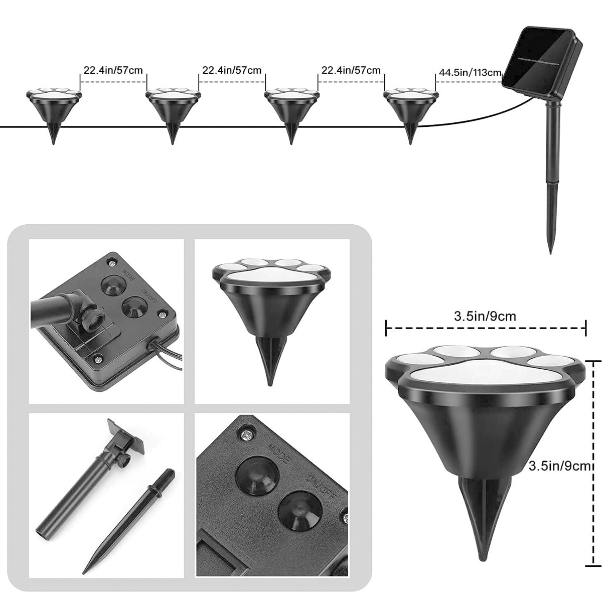 Solarbetriebene Wegbeleuchtung. Schwarze Kegel mit pfotenförmigen Lichtern. Enthält ein Solarpanel und Produktdimensionen.