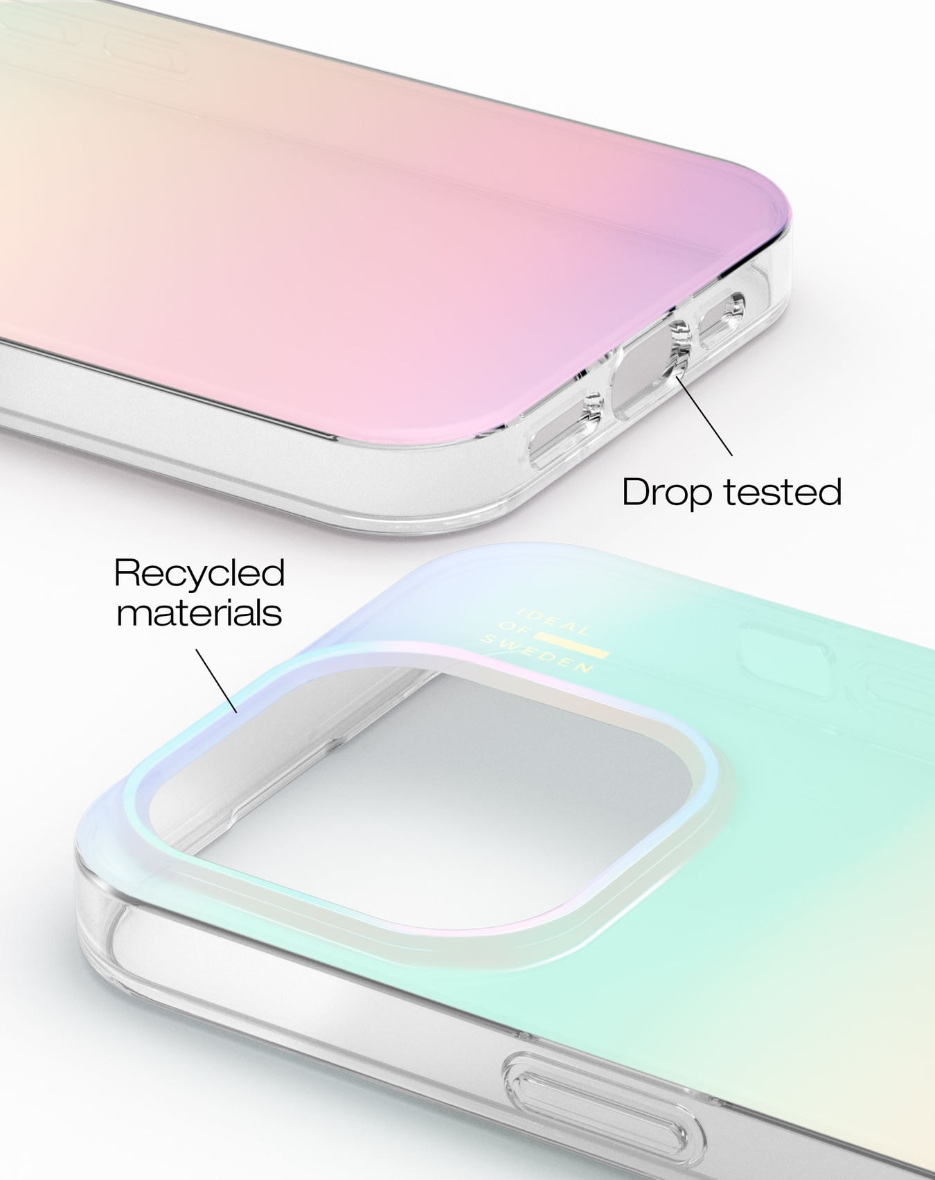 Das Bild zeigt eine Handyhülle mit Farbverläufen und Texten wie 'Recycled materials' und 'Drop tested'. Die Hülle ist aus klarem Kunststoff.