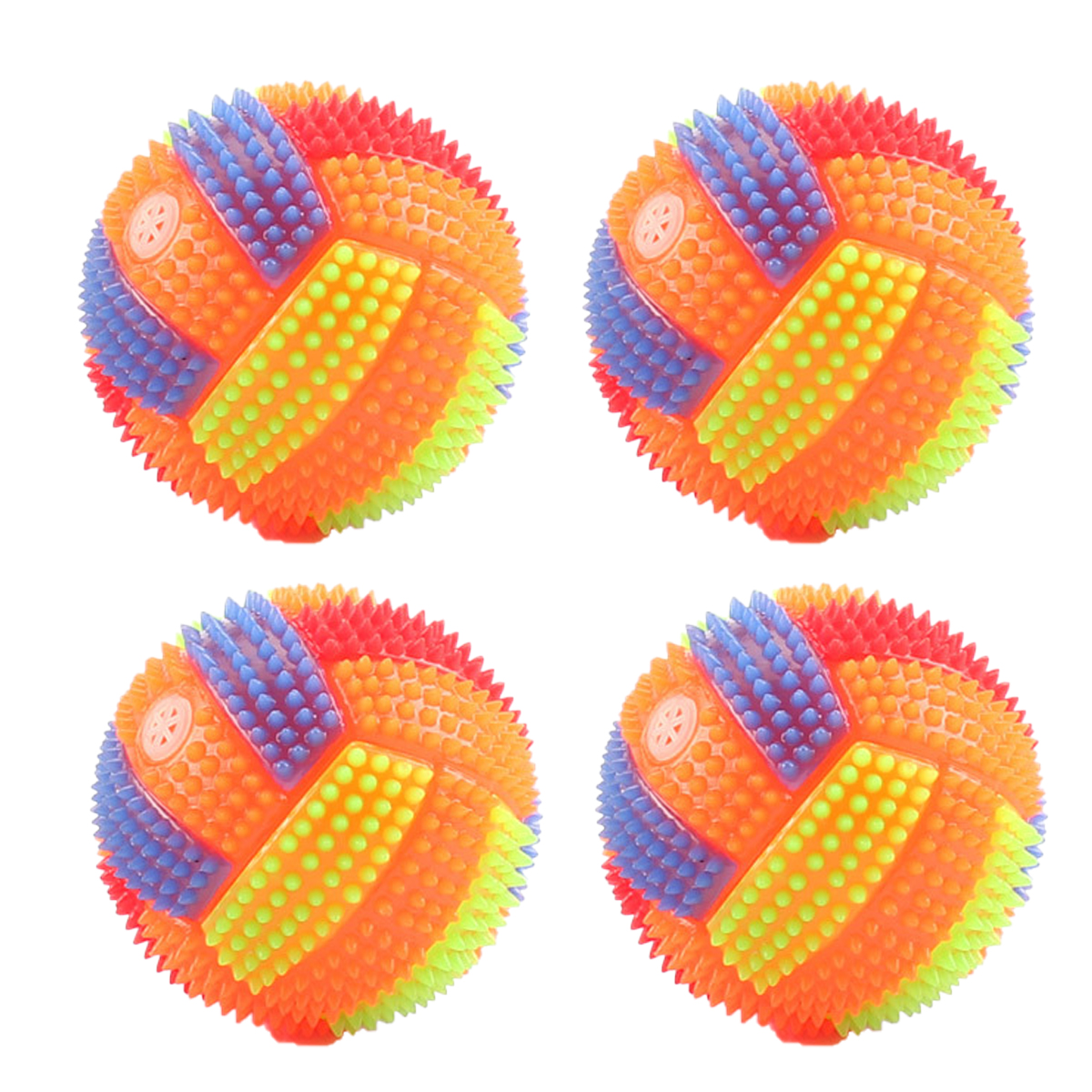 Vier bunte, stachelige Bälle. Jeder Ball hat orange, gelbe, grüne, rote und blaue Segmente in einem Muster angeordnet.