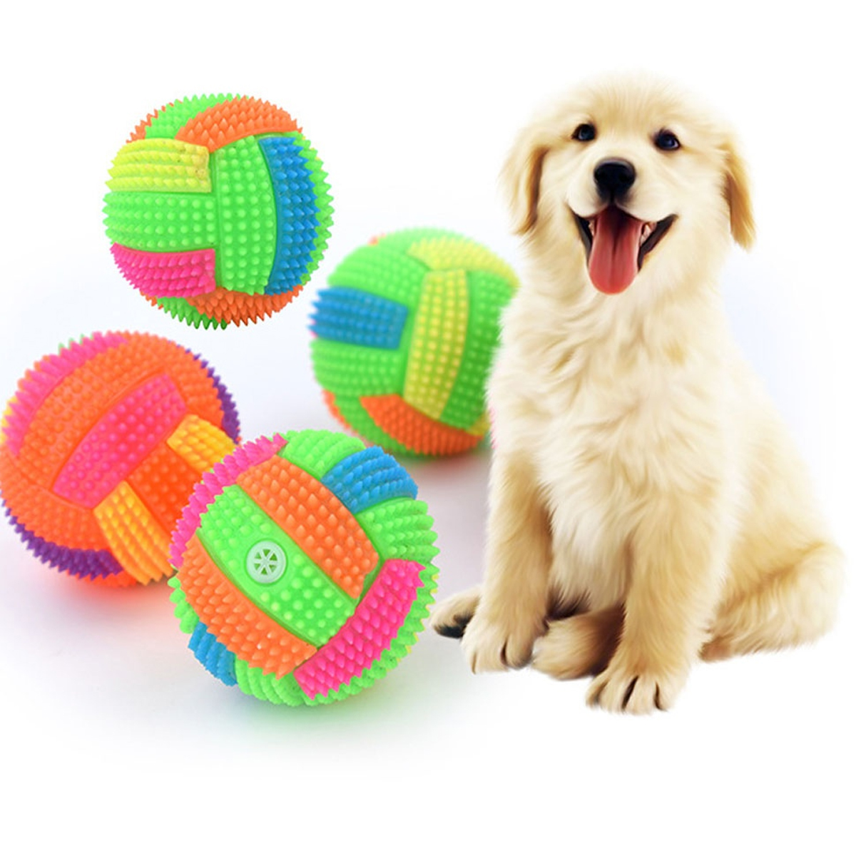 Ein goldener Retriever-Welpe mit bunten, stacheligen Bällen. Der Welpe lächelt und hat die Zunge draußen. Bälle sind in Pink, Grün, Orange und Blau.