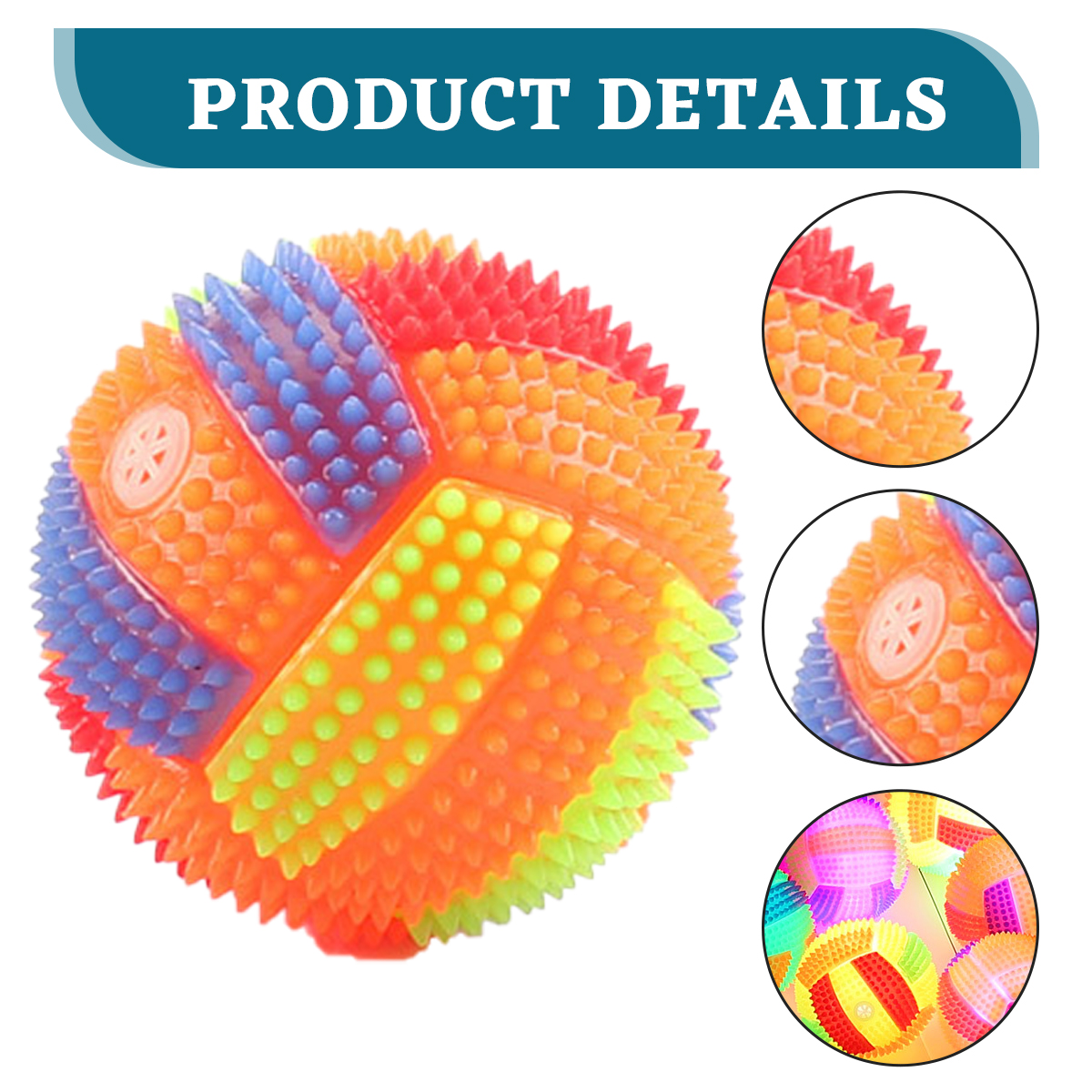 Ein bunter Hundespielzeugball mit Stacheln. Es gibt Nahaufnahmen des Balls in Kreisen und der Text 'PRODUKTDETAILS' oben.