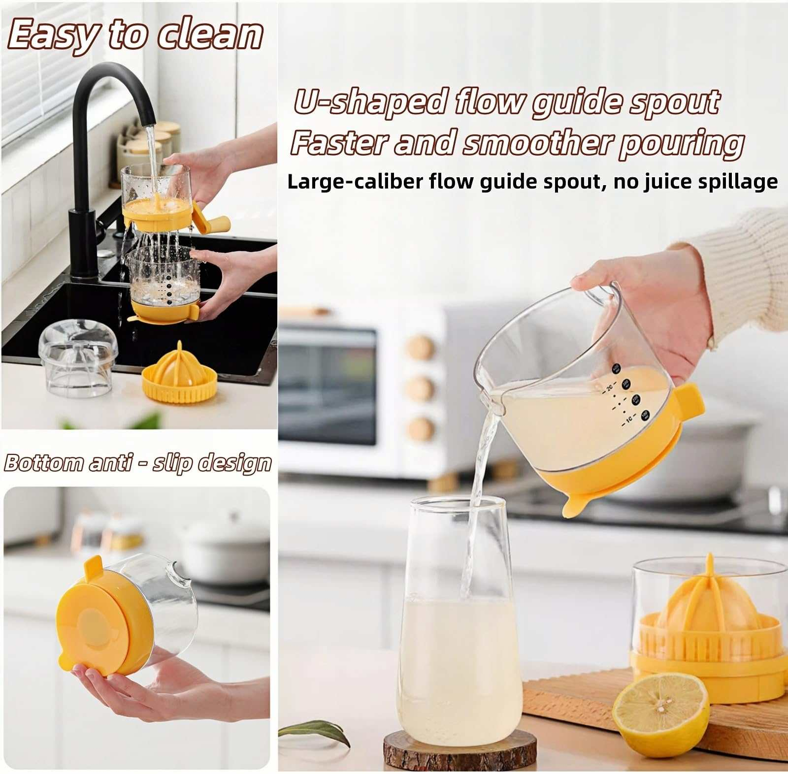 Das Bild zeigt eine Saftpresse mit gelbem und transparentem Design, die Saft in ein Glas gießt. Text: Leicht zu reinigen, Anti-Rutsch-Design.