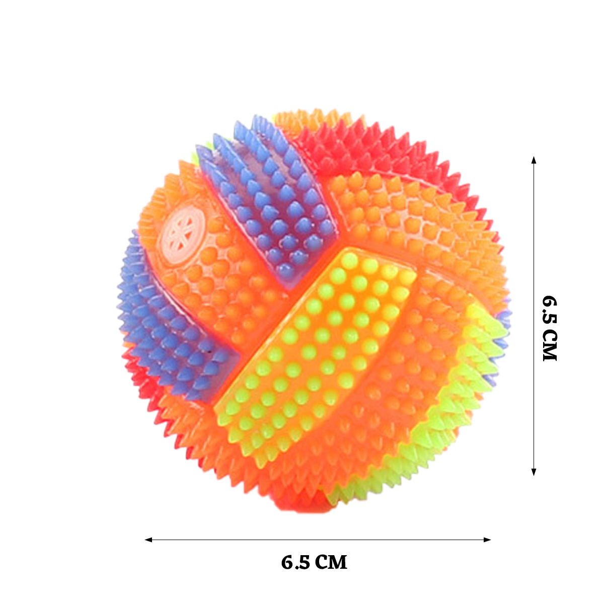 Ein bunter, stacheliger Ball, 6,5 cm Durchmesser, in Orange, Blau, Grün und Rot. Der Ball scheint ein Hundespielzeug zu sein.