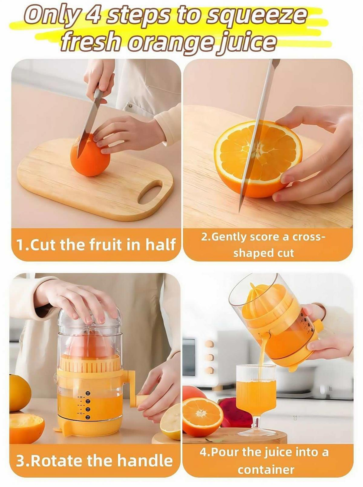Vier Schritte zum Entsaften von Orangen: Schneiden, ritzen, Griff der Saftpresse drehen und in ein Glas gießen. Orange und Saftpresse sind hervorgehoben.