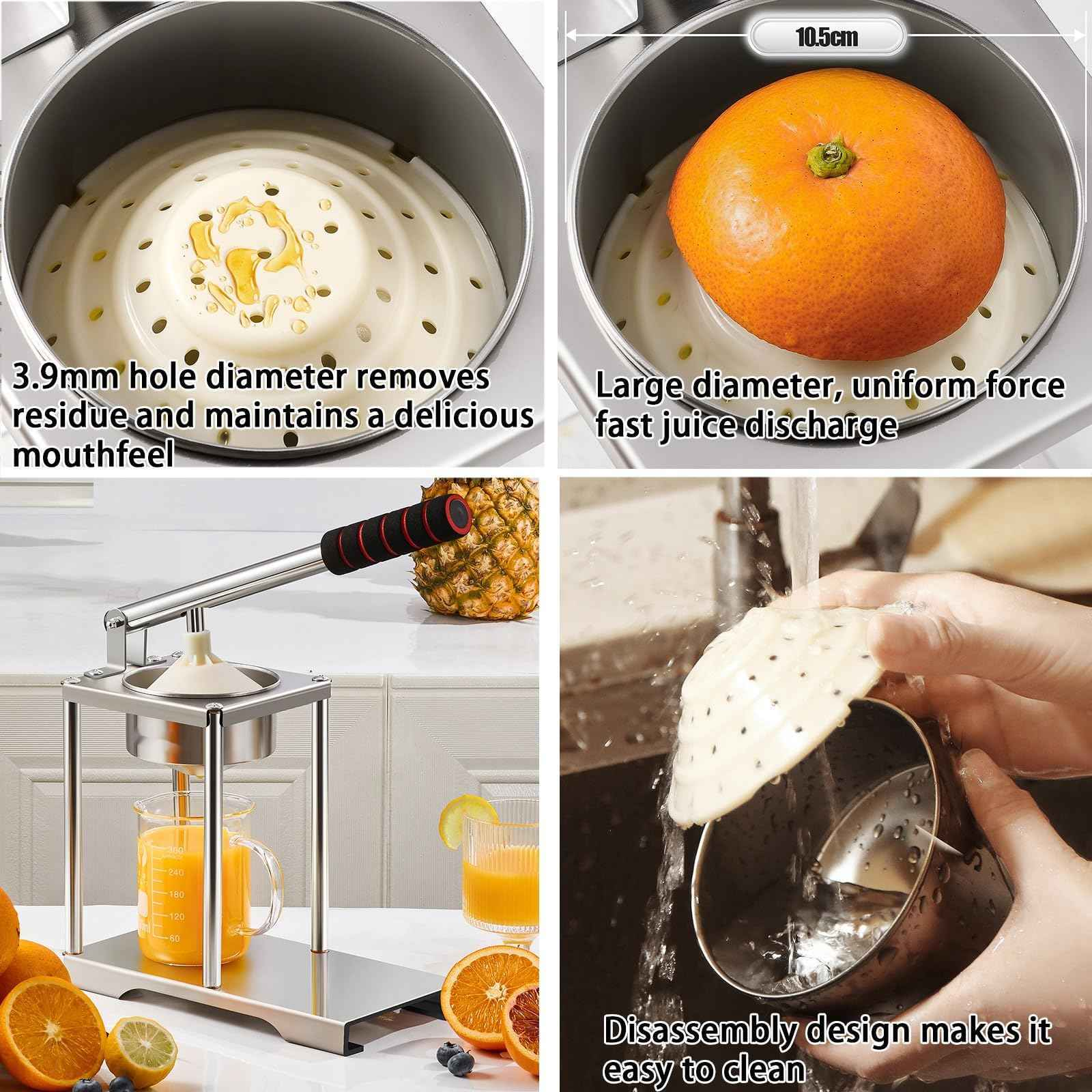 Entsafter-Komponenten. Eine Zitrusfrucht liegt im Entsafter. Eine Hand wäscht ein Teil. Saft ist in einem Glas. Ananas.