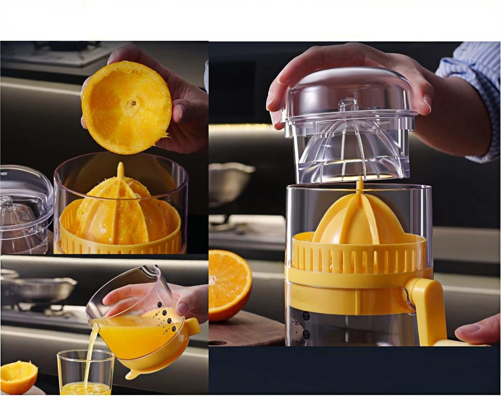Das Bild zeigt eine manuelle Saftpresse, auf deren gelben Reiber eine Orangenhälfte gelegt wird. Frischer Saft wird in ein Glas gegossen.