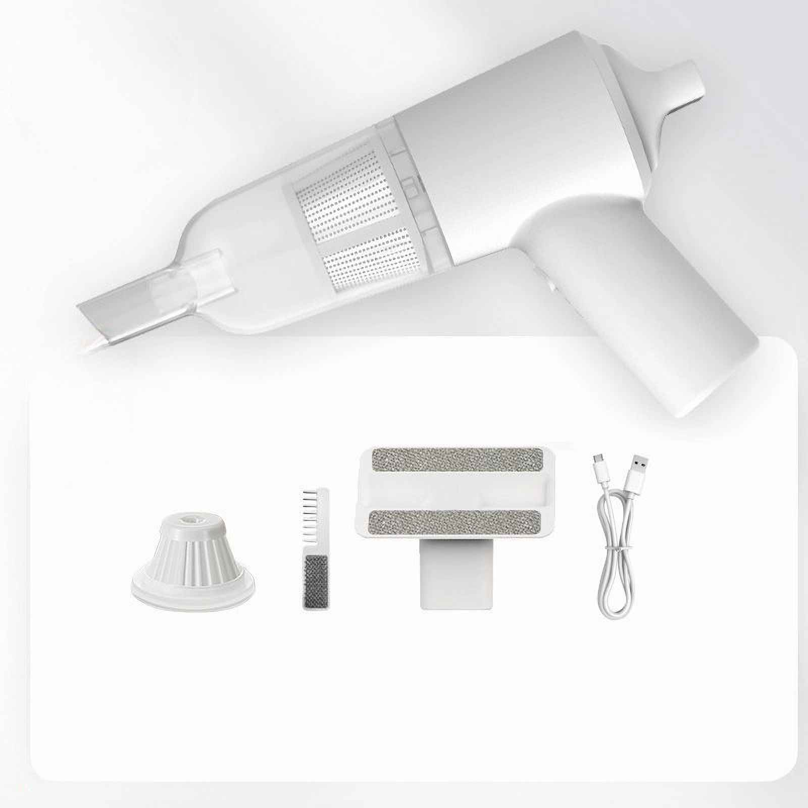 Weißer Ohrreiniger-Staubsauger mit Zubehör, einschließlich Reinigungsköpfen und einem USB-Kabel, vor weißem Hintergrund.