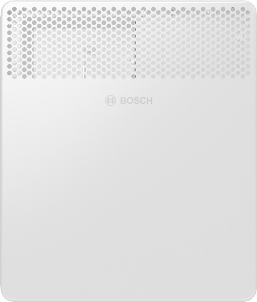 Ein weißer elektrischer Bosch-Heizkörper. Er hat einen perforierten oberen Bereich und einen glatten unteren Bereich. Das Bosch-Logo ist sichtbar.