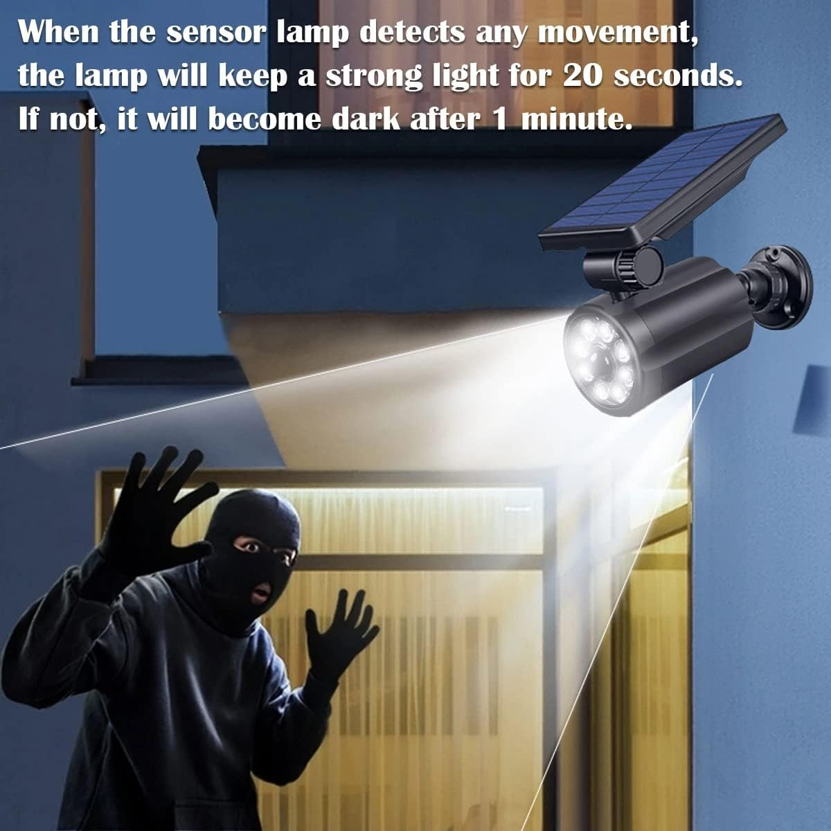 Ein Einbrecher mit schwarzer Maske wird von einem Sicherheitslicht beleuchtet. Das Licht hat ein Solarpanel. Der Text besagt, dass das Licht Bewegung erkennt.