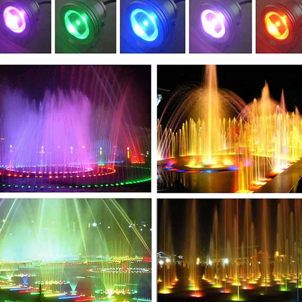 Brunnen, die mit farbigen Lichtern beleuchtet werden. Obere Reihe zeigt farbige Lichter. Untere Reihe zeigt Wasserfontänen.