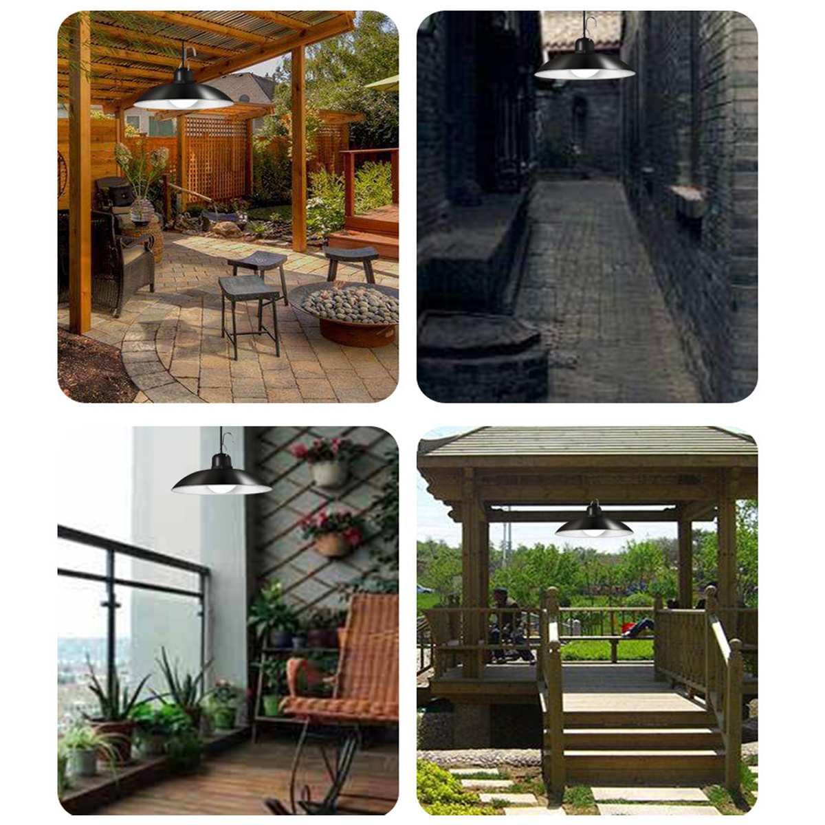 Vier Bilder mit schwarzem Lampenschirm. Die Szenen umfassen eine Außenterrasse, eine enge Backsteingasse, einen Balkon und einen Pavillon.