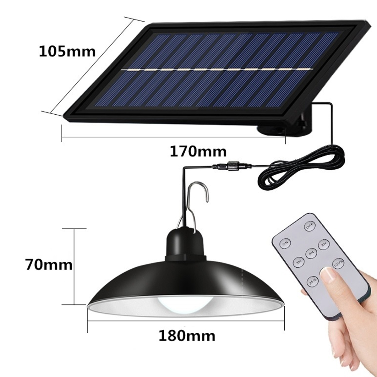 Solarbetriebene Lampe mit schwarzem Schirm und Panel. Enthält eine Fernbedienung. Abmessungen sind auf dem Bild angegeben.