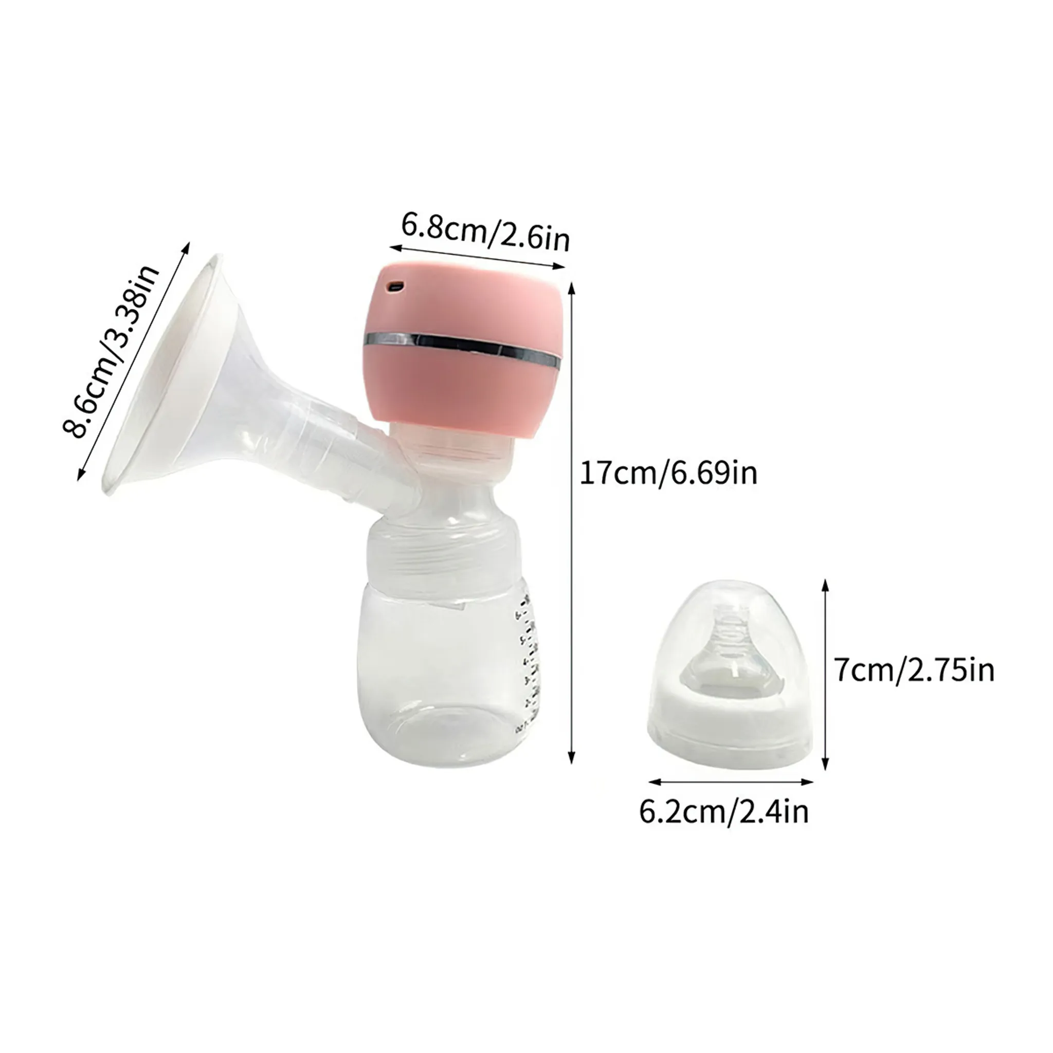 Eine Brustpumpe mit rosa Motor, klarer Flasche und weißem Trichter, daneben eine weiße Brustwarze und klarer Verschluss.