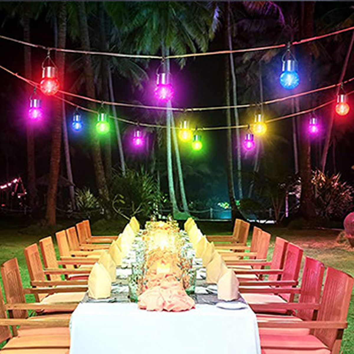 Abendessen im Freien mit Lichterketten. Tisch mit Stühlen, Palmen im Hintergrund, Nachtszene mit bunten Lichtern.