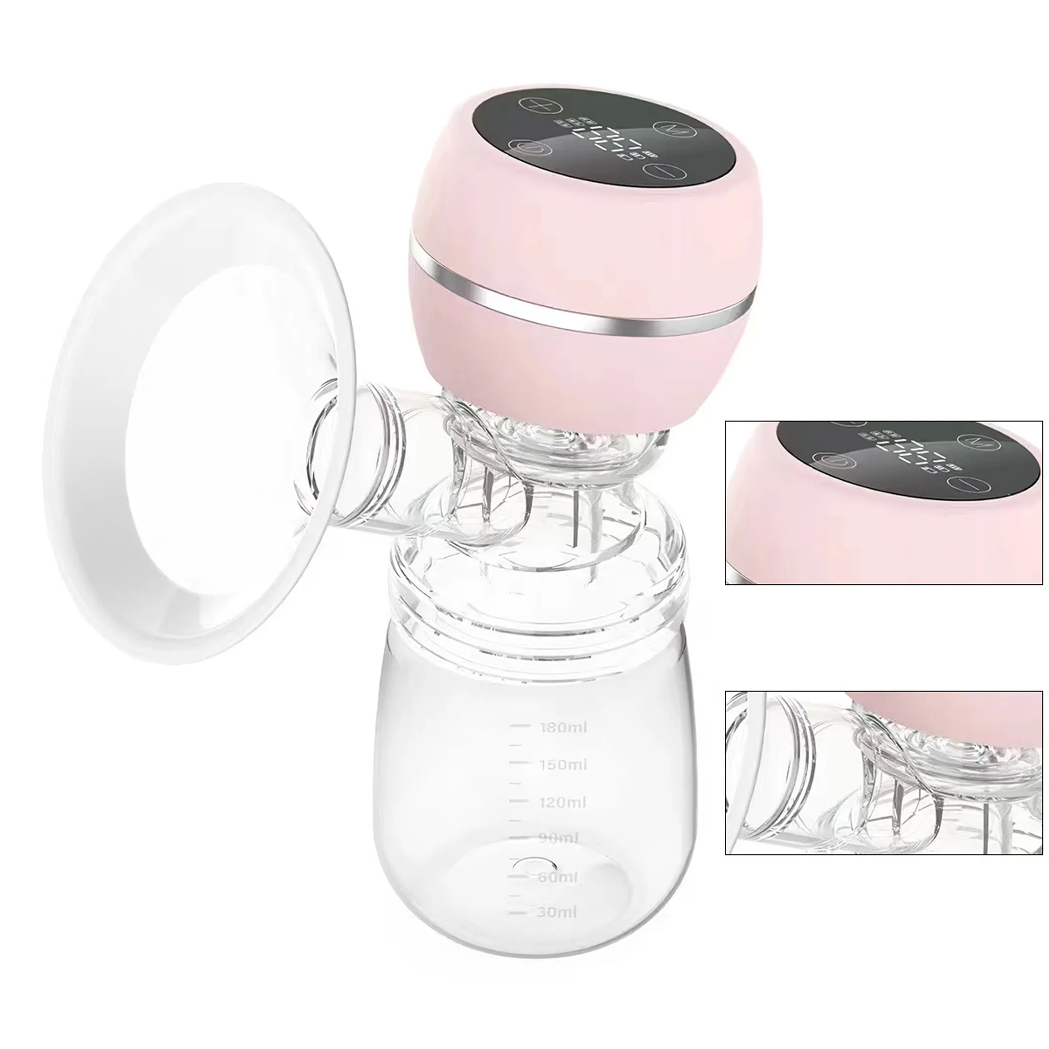 Rosa-weiße Milchpumpe mit Digitalanzeige, klarer Flasche und Brustschild, einsatzbereit.
