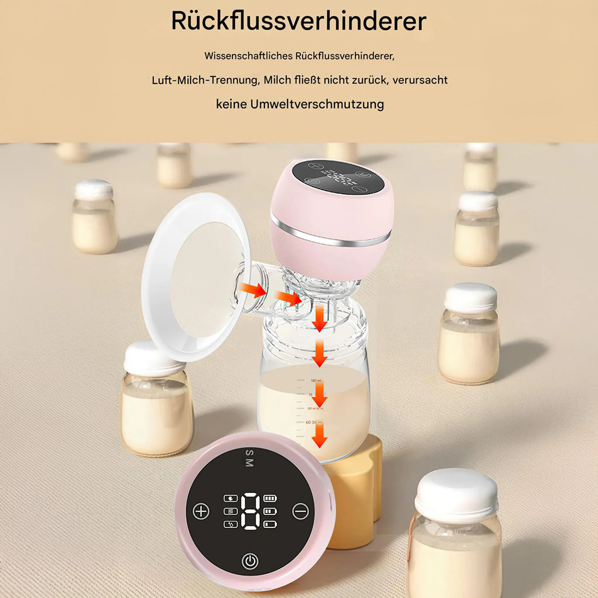 Eine Brustpumpe mit rosafarbenen Teilen, Pfeilen und Milchflaschen. Text auf Deutsch steht oben.