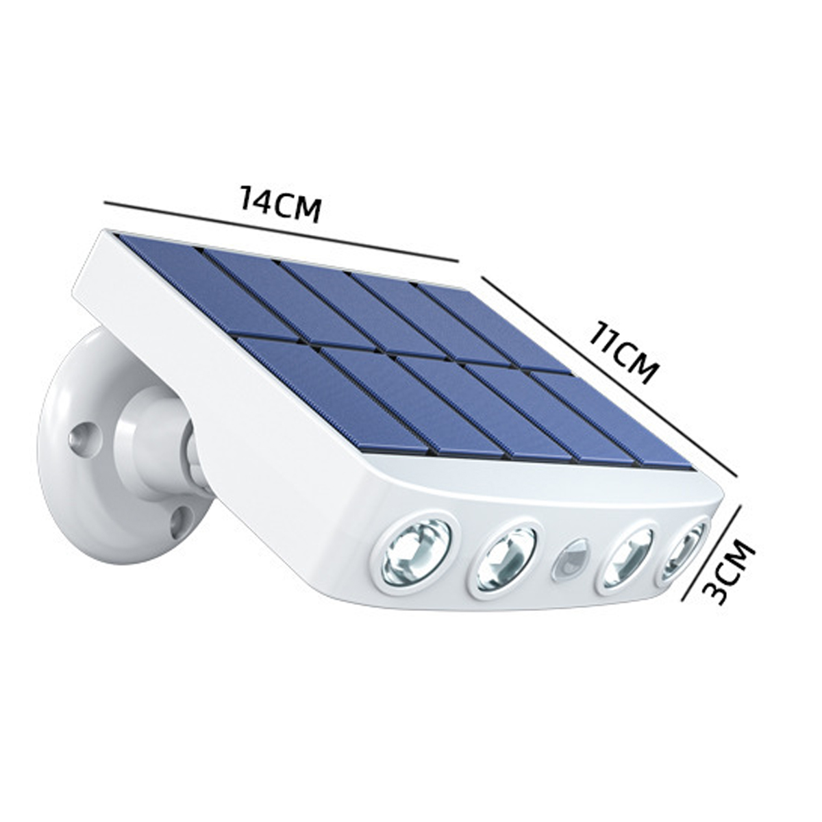 Eine weiße Solarleuchte mit blauem Solarpanel, hat vier Lichter, gekennzeichnet mit den Maßen 14 cm, 11 cm und 3 cm.