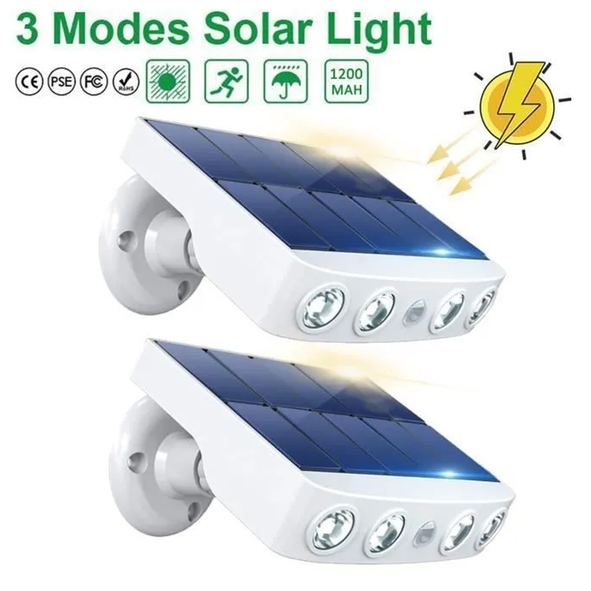 Zwei Solarleuchten mit blauen Solarpanelen und weißem Gehäuse. Symbole zeigen Modi, und ein Sonnensymbol ist vorhanden.