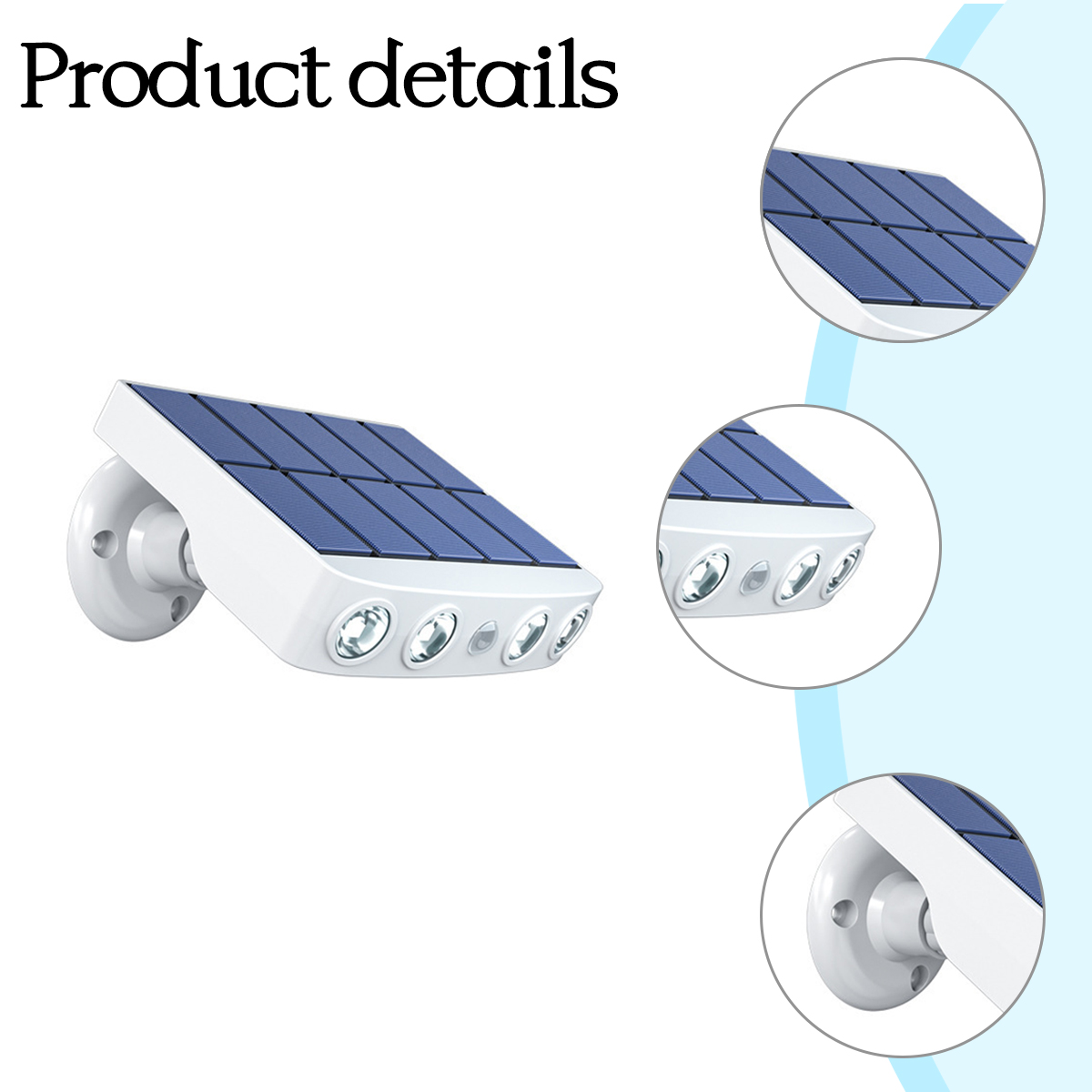 Ein weißes Solarlicht mit blauen Solarpanelen und vier Lichtern wird detailliert gezeigt. Produktdetails stehen oben.