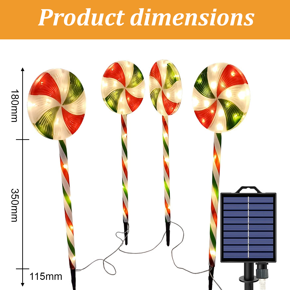 Vier Zuckerstangenlichter mit Solarpanel. Jedes hat einen roten, grünen und weißen Wirbel. Abmessungen: 180mm, 350mm und 115mm.