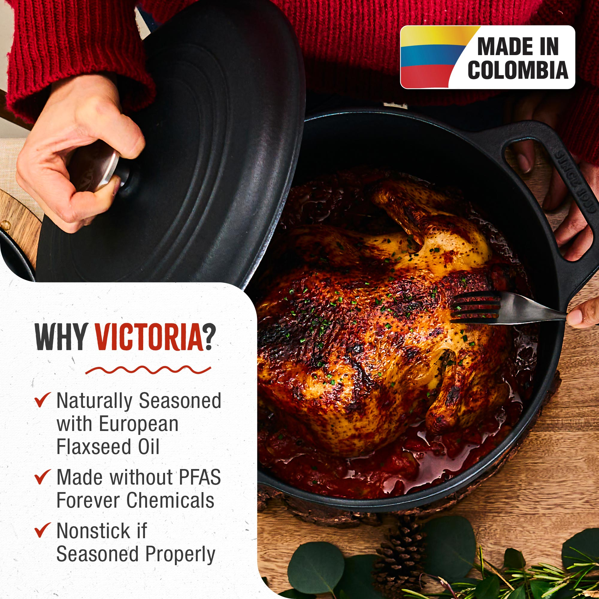 Un pollo asado en una olla negra, sostenido por manos, con la bandera de Colombia y texto 'Made in Colombia'.