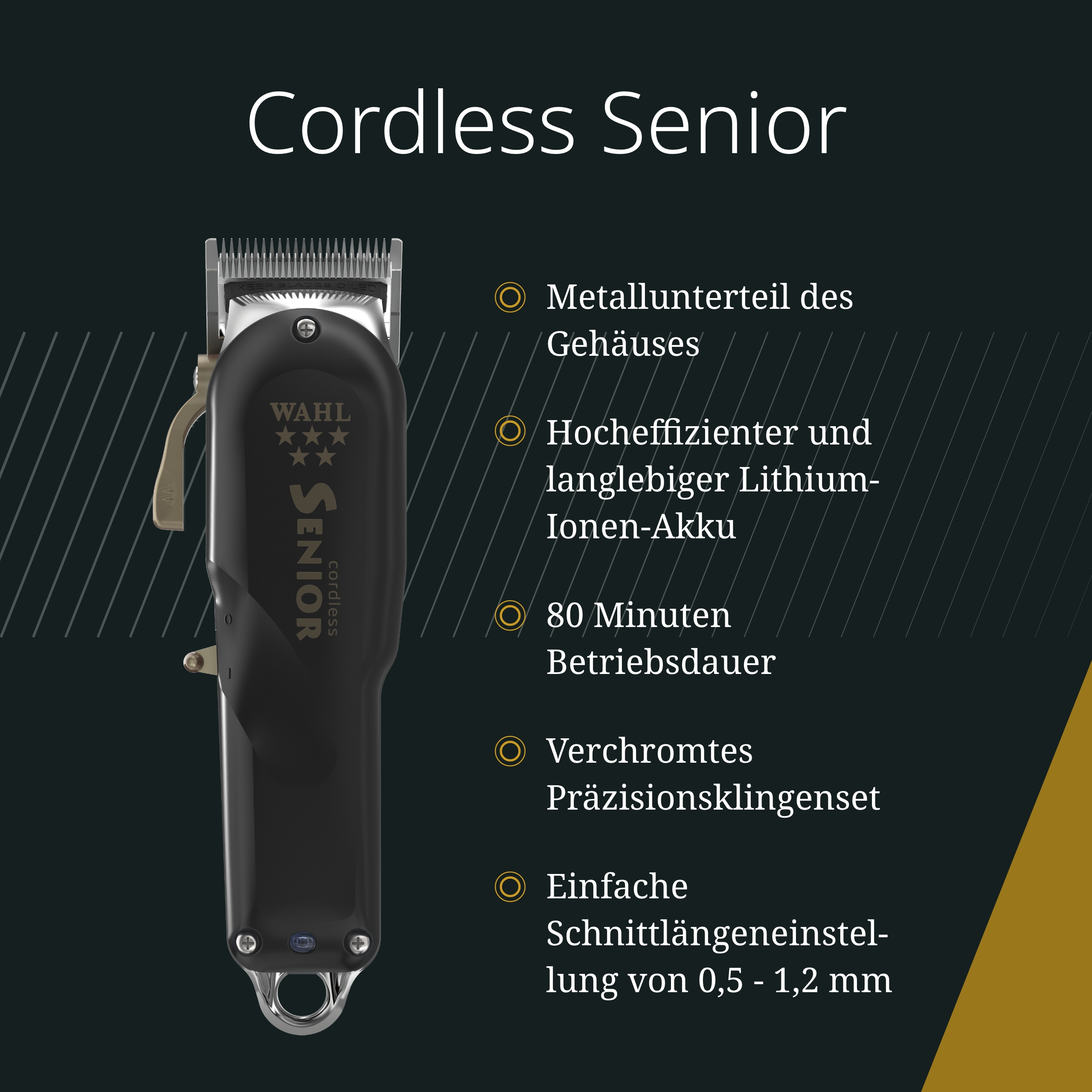 Ein schwarz-silberner Wahl Cordless Senior Haarschneider mit Merkmalen: Metall, Lithium-Batterie, 80 Min. Nutzung, Chromklingen.